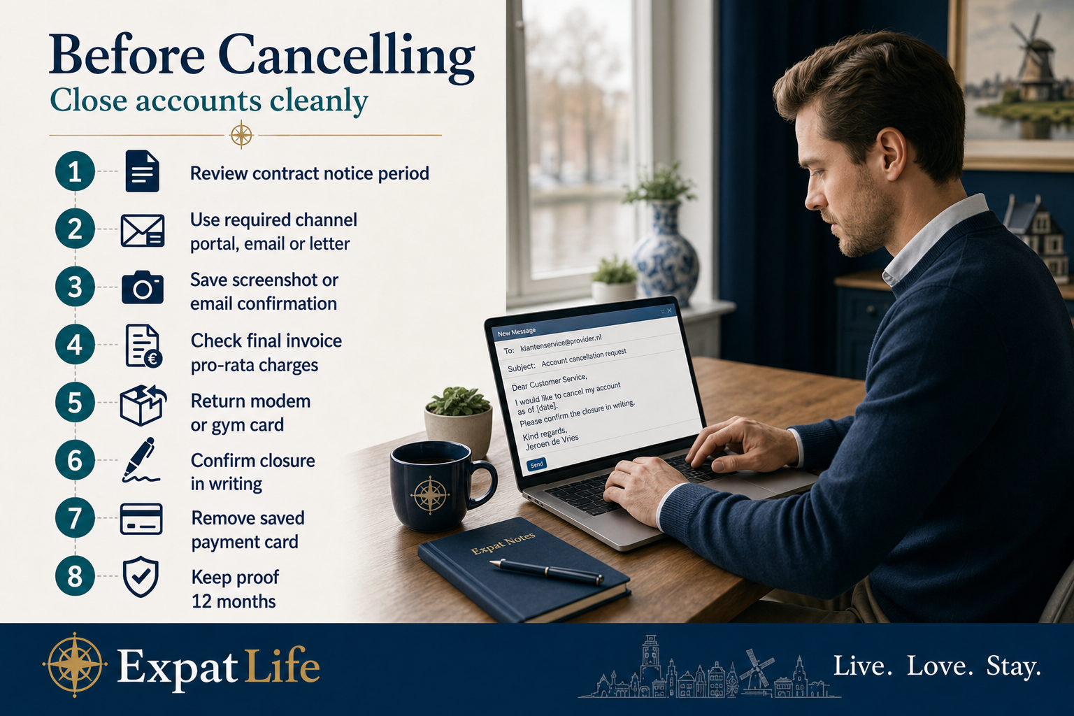 Premium infographic checklist before cancelling a Dutch subscription.