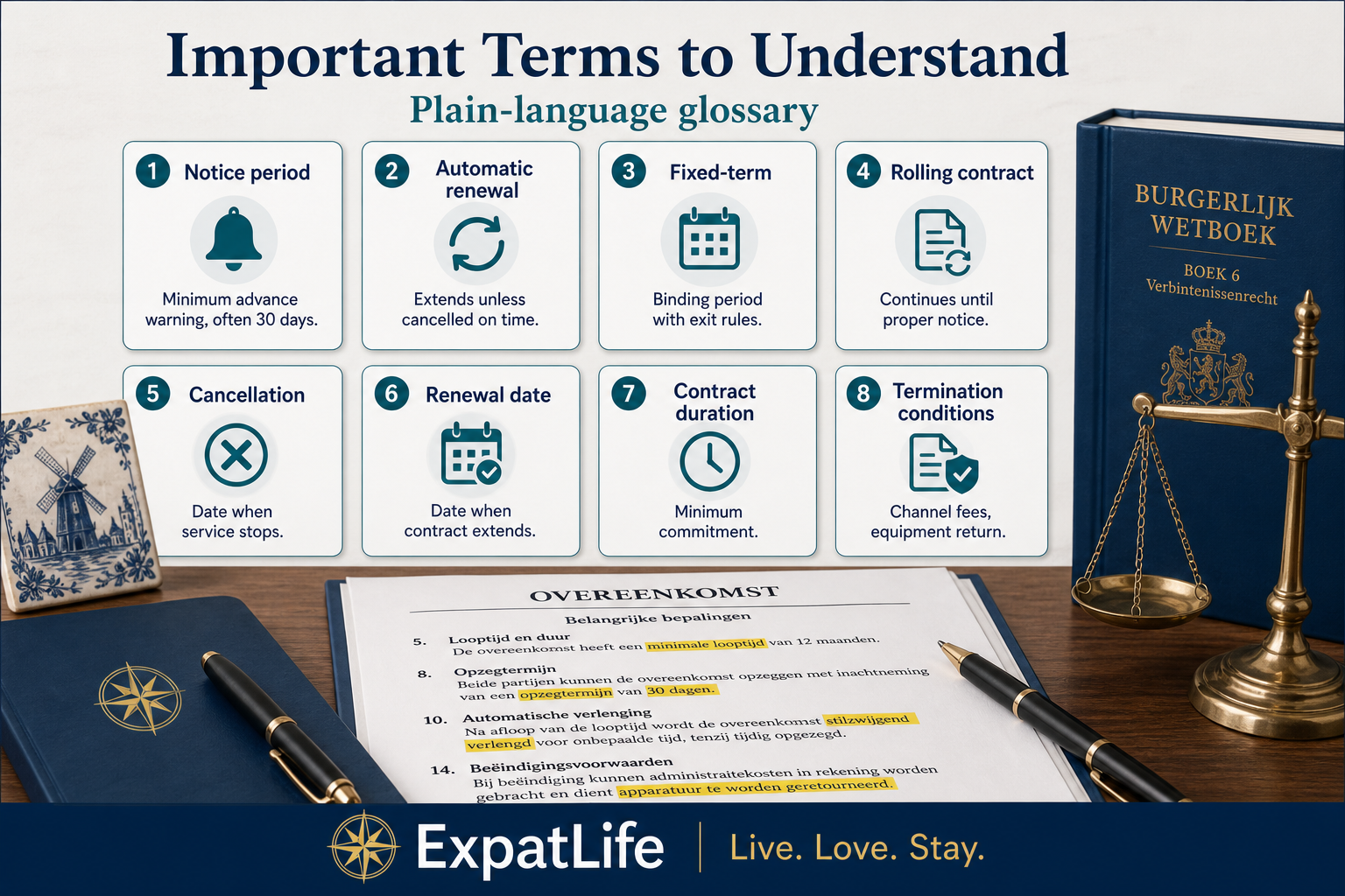 Premium infographic of important Dutch contract terms for subscriptions.