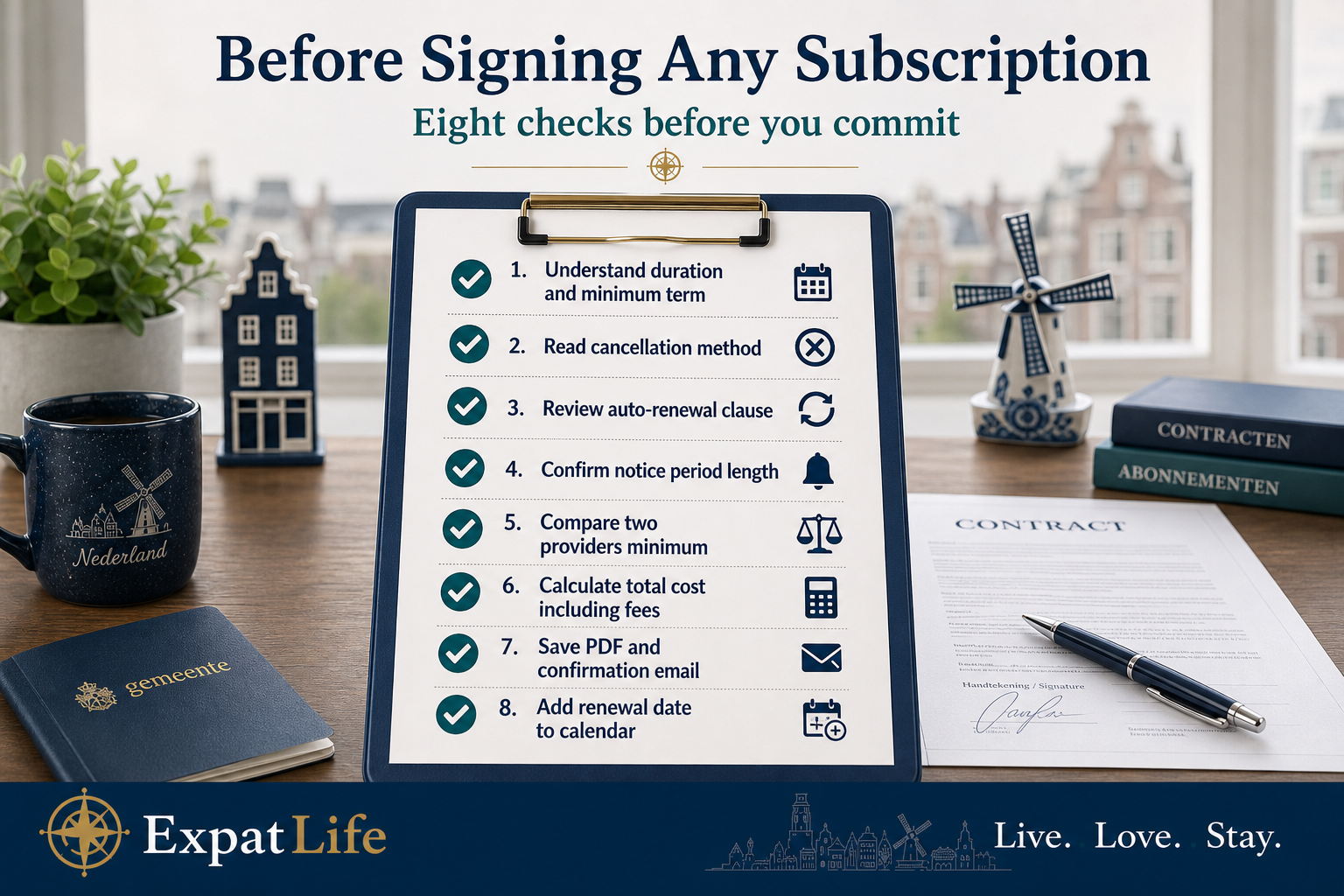Premium infographic checklist before signing any subscription in the Netherlands.