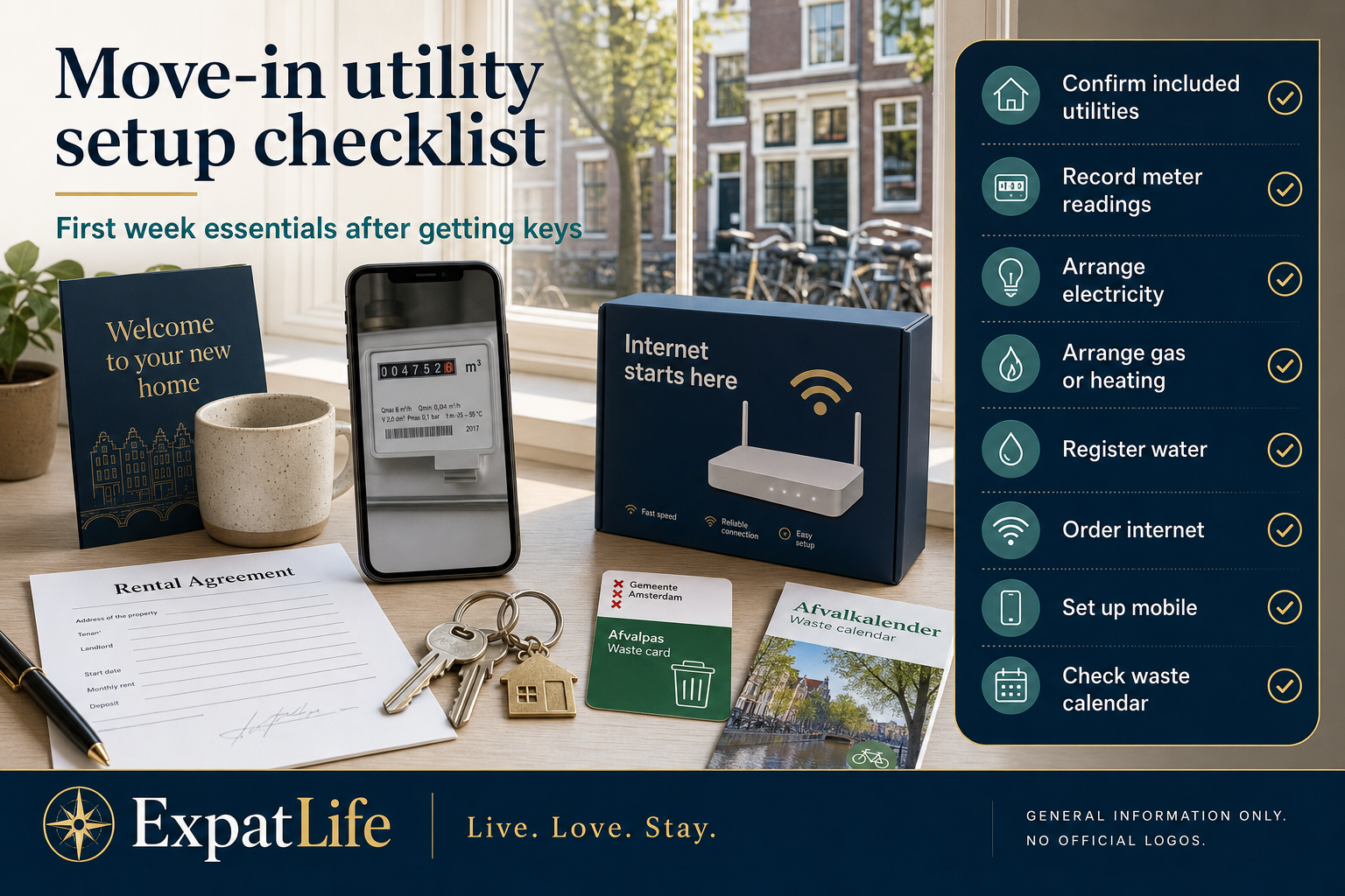 Premium infographic checklist for setting up utilities after moving into a Dutch home.