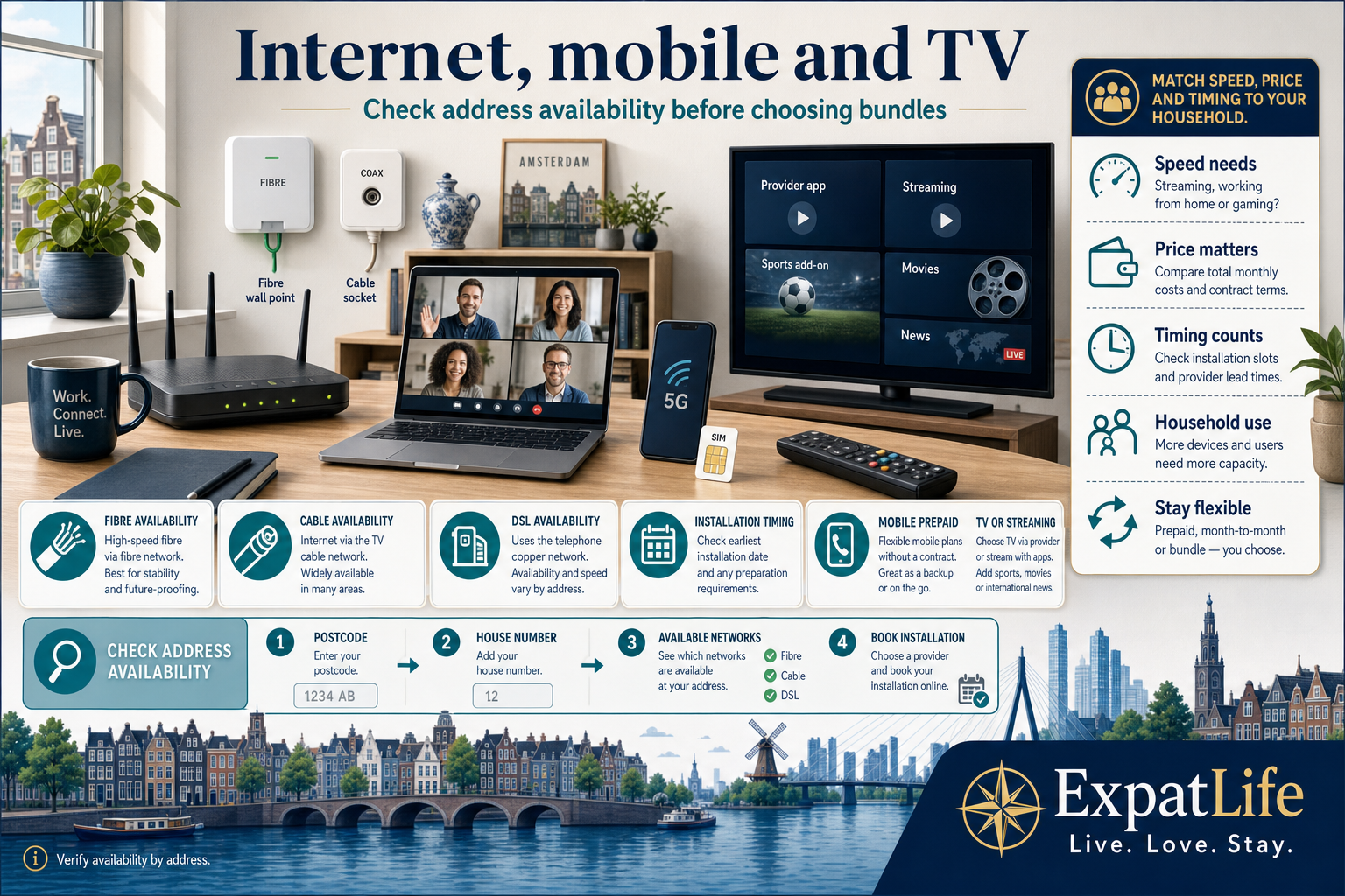 Premium infographic explaining internet, mobile and TV setup with fibre, cable, DSL, installation timing, prepaid mobile and streaming options.