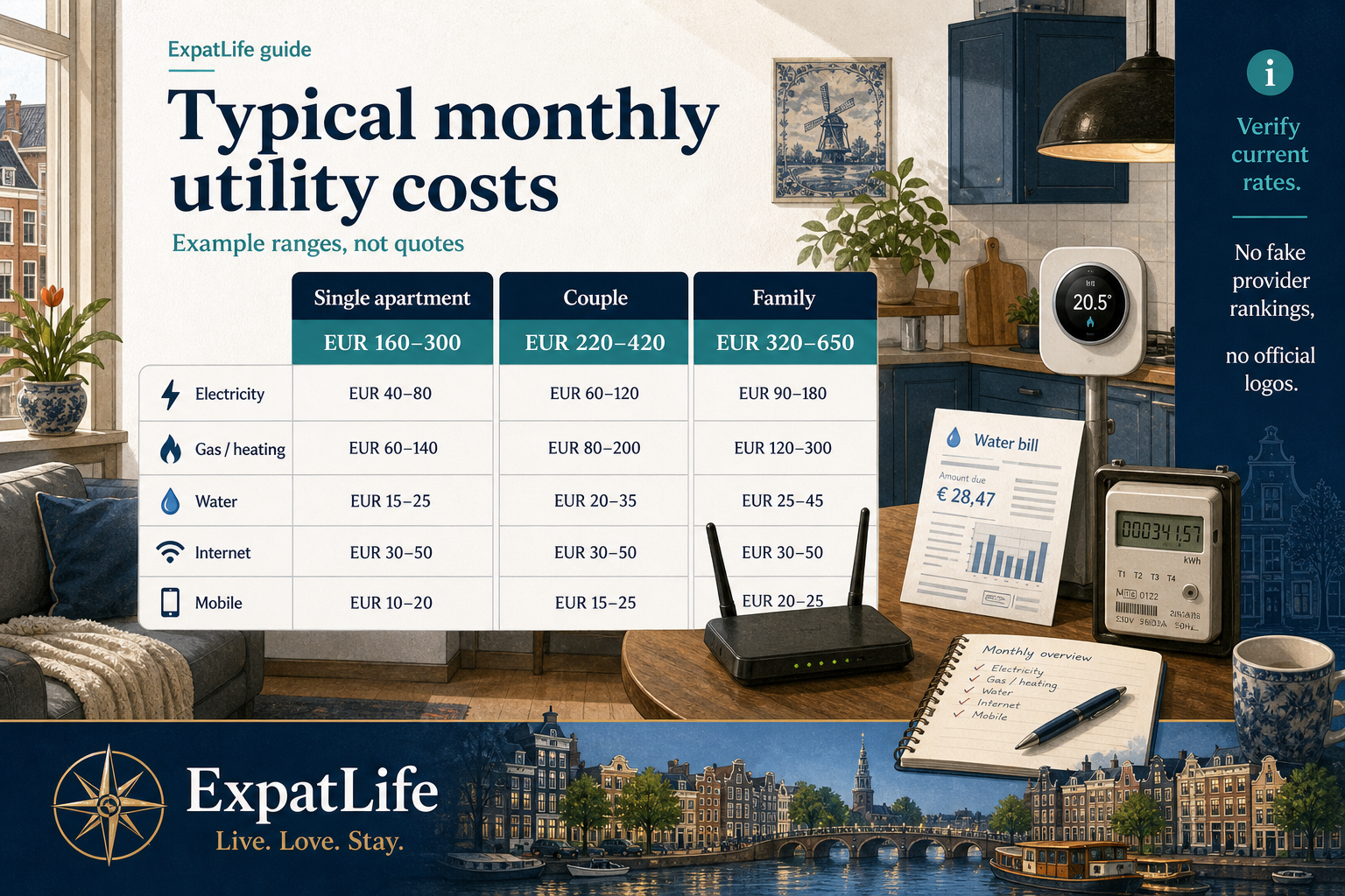 Premium infographic showing typical monthly utility cost ranges for single apartments, couples and families in the Netherlands.