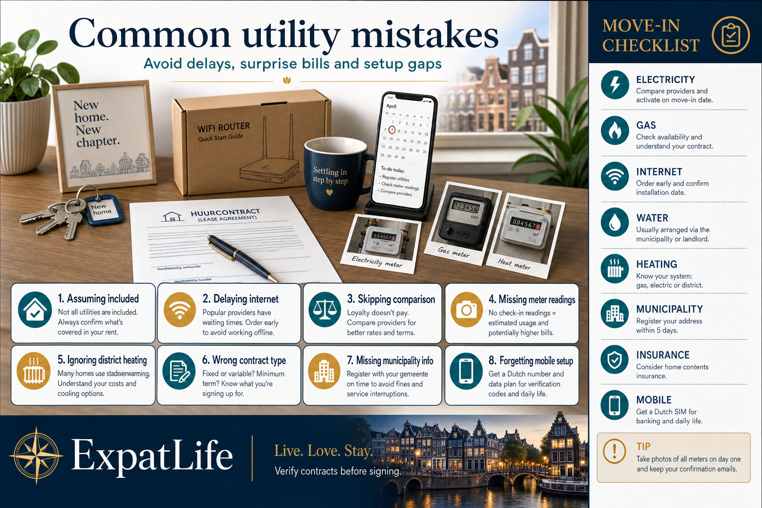 Premium infographic showing common utility mistakes including assuming bills are included, delaying internet and missing meter readings.