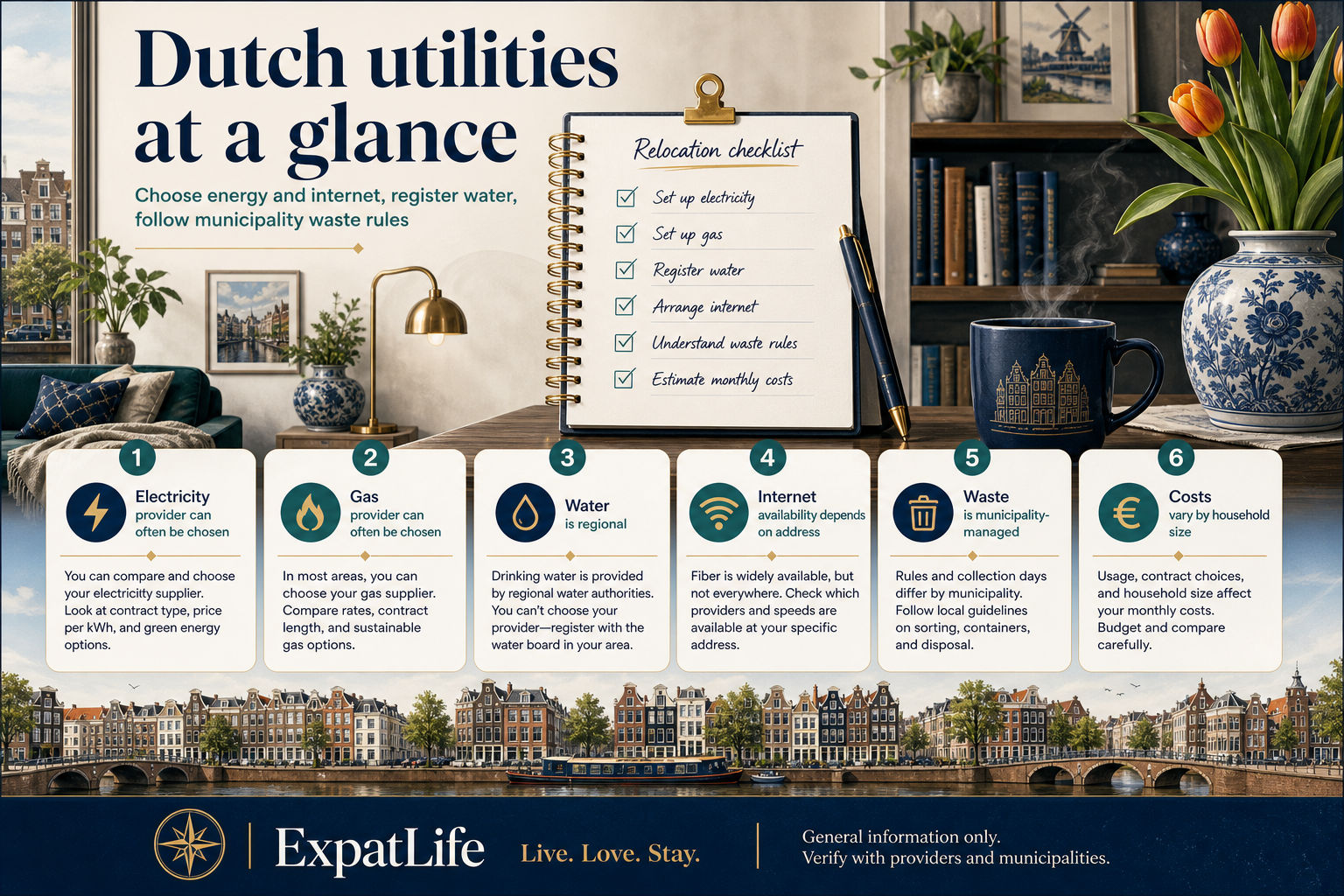 Premium infographic showing Dutch utilities at a glance, including electricity, gas, regional water, internet, waste and utility costs.