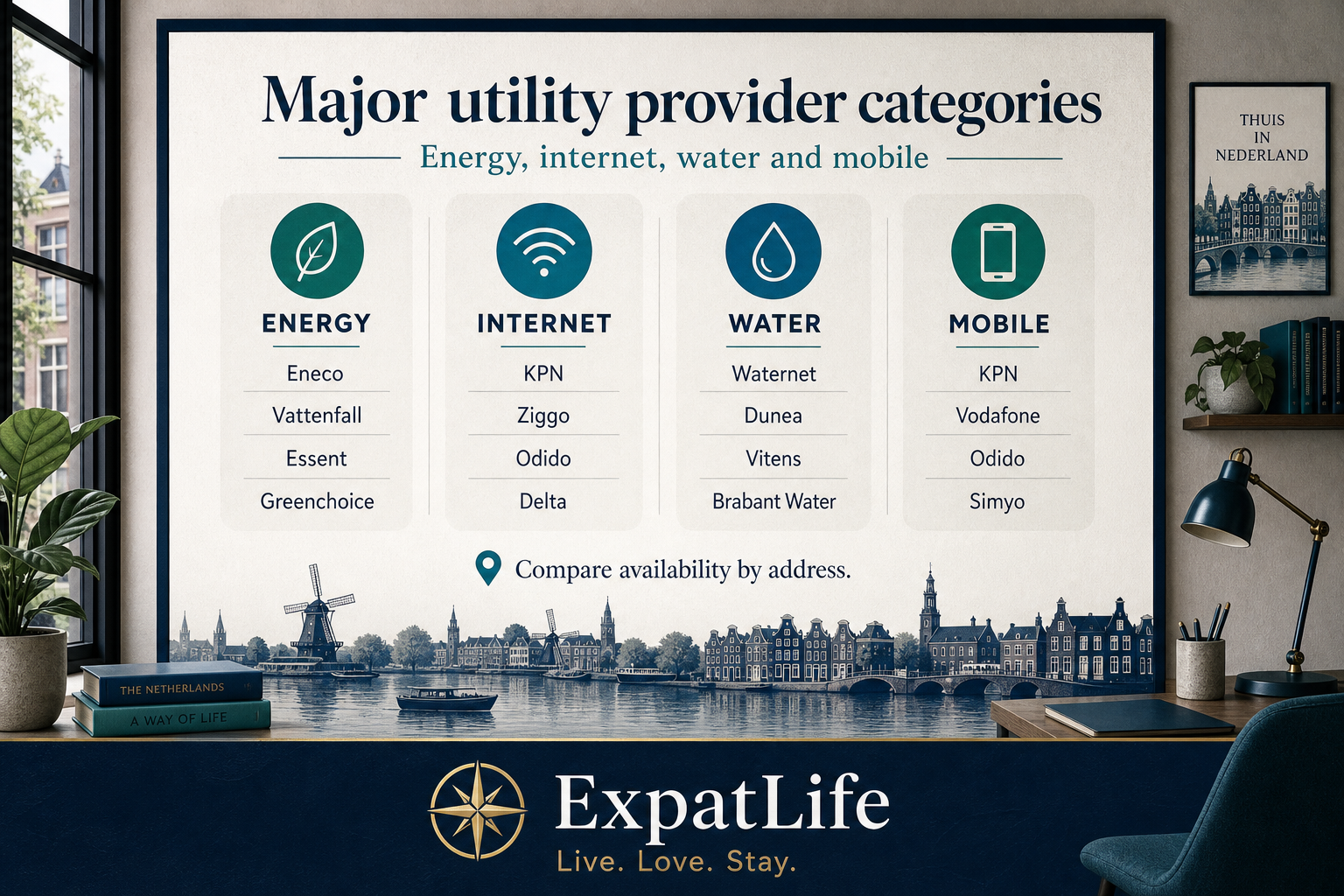 Premium infographic showing major Dutch utility provider categories for energy, internet, water and mobile services.