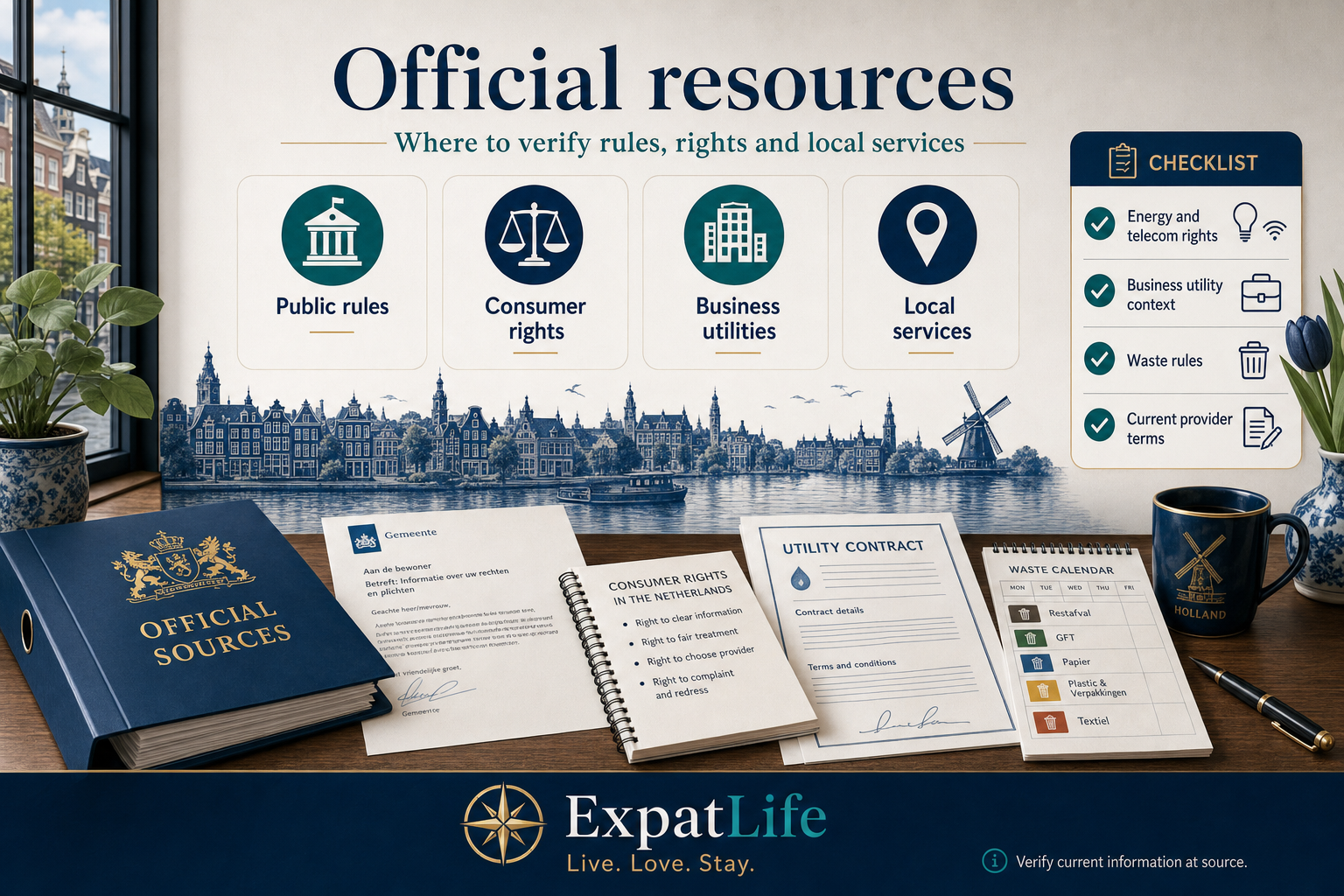 Premium infographic showing official resource categories for public rules, consumer rights, business utilities and local services.