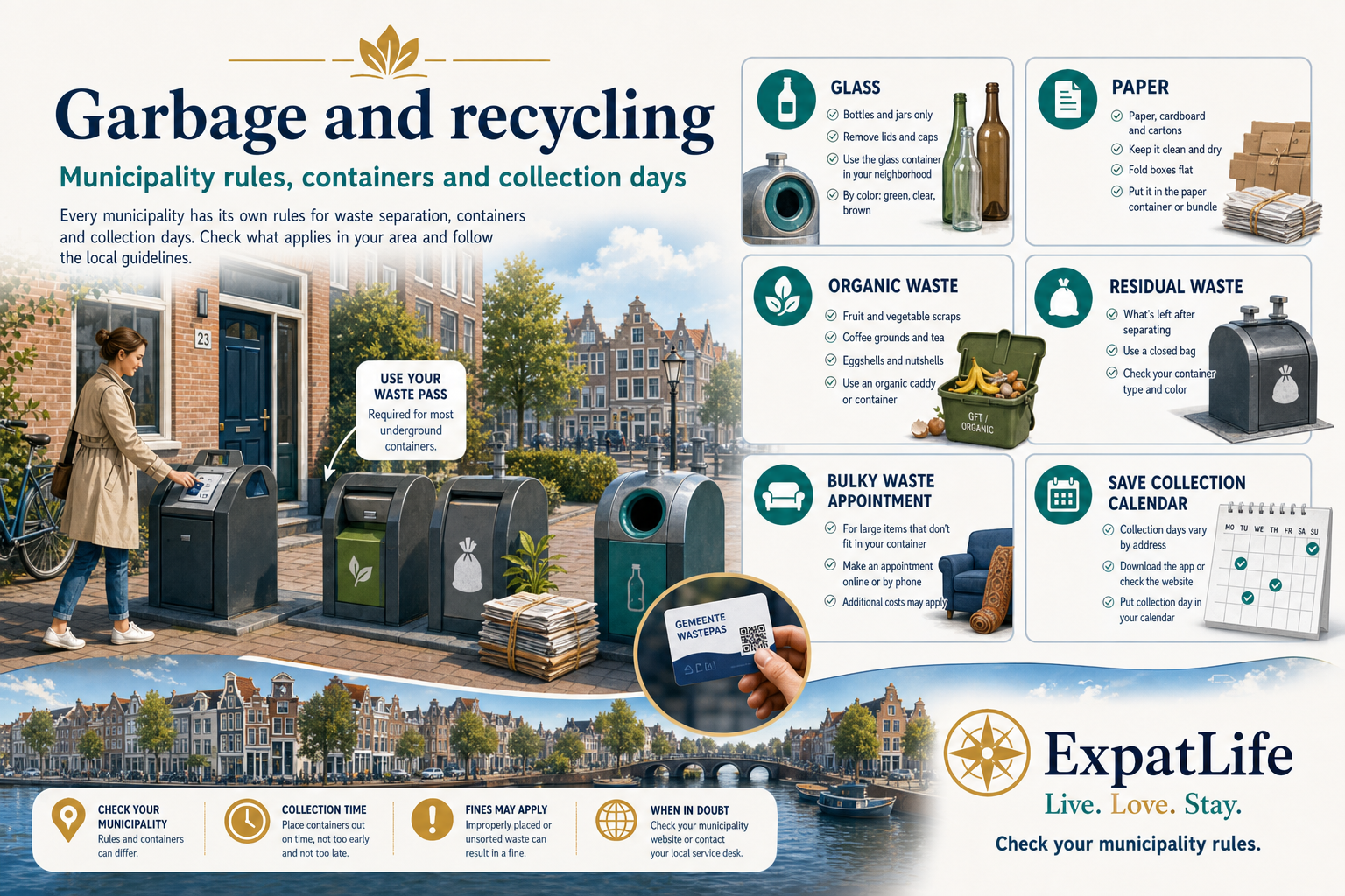 Premium infographic explaining Dutch garbage and recycling rules, containers, waste passes and collection calendars.