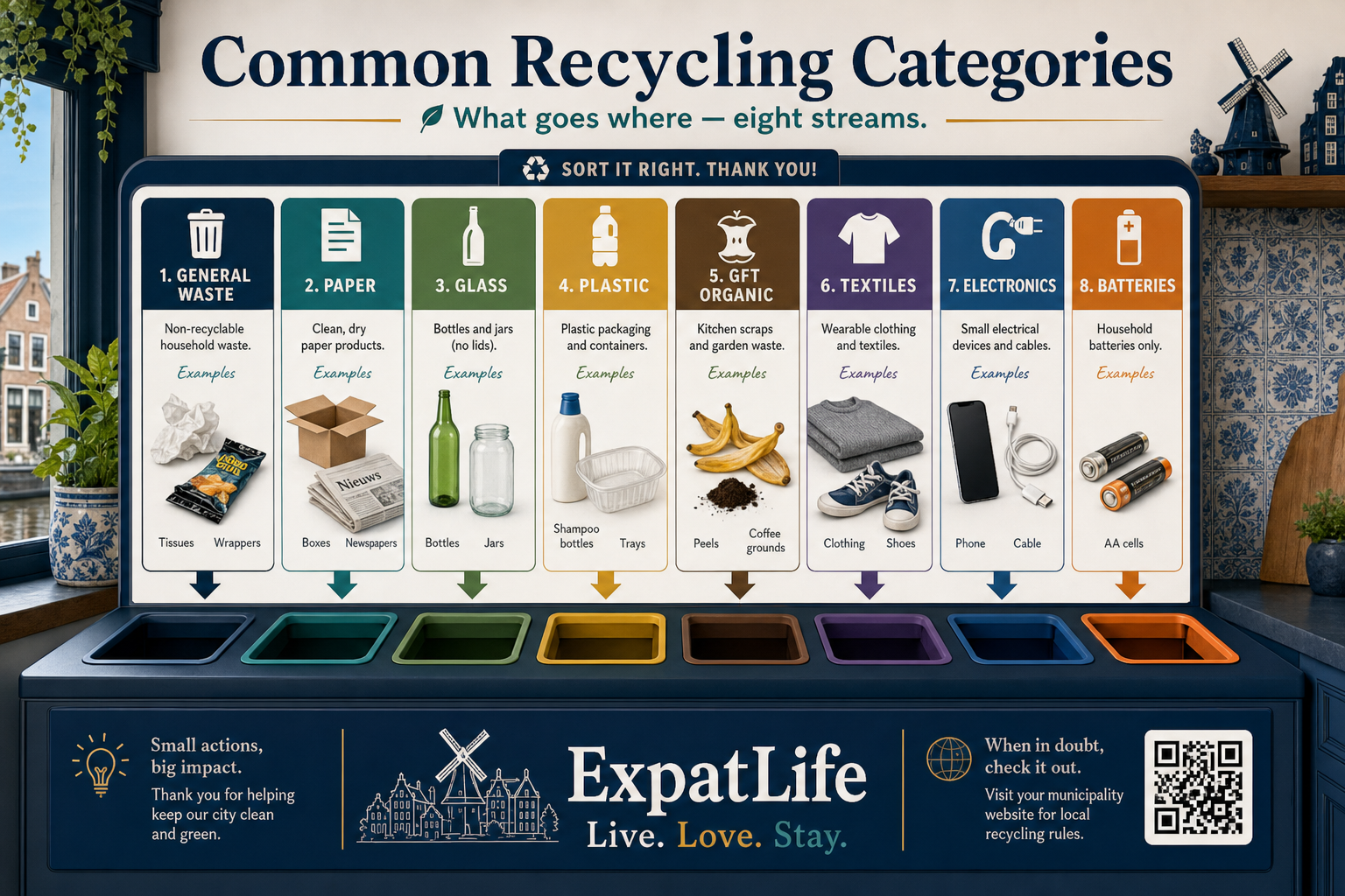 Premium infographic of common Dutch recycling categories for newcomers.