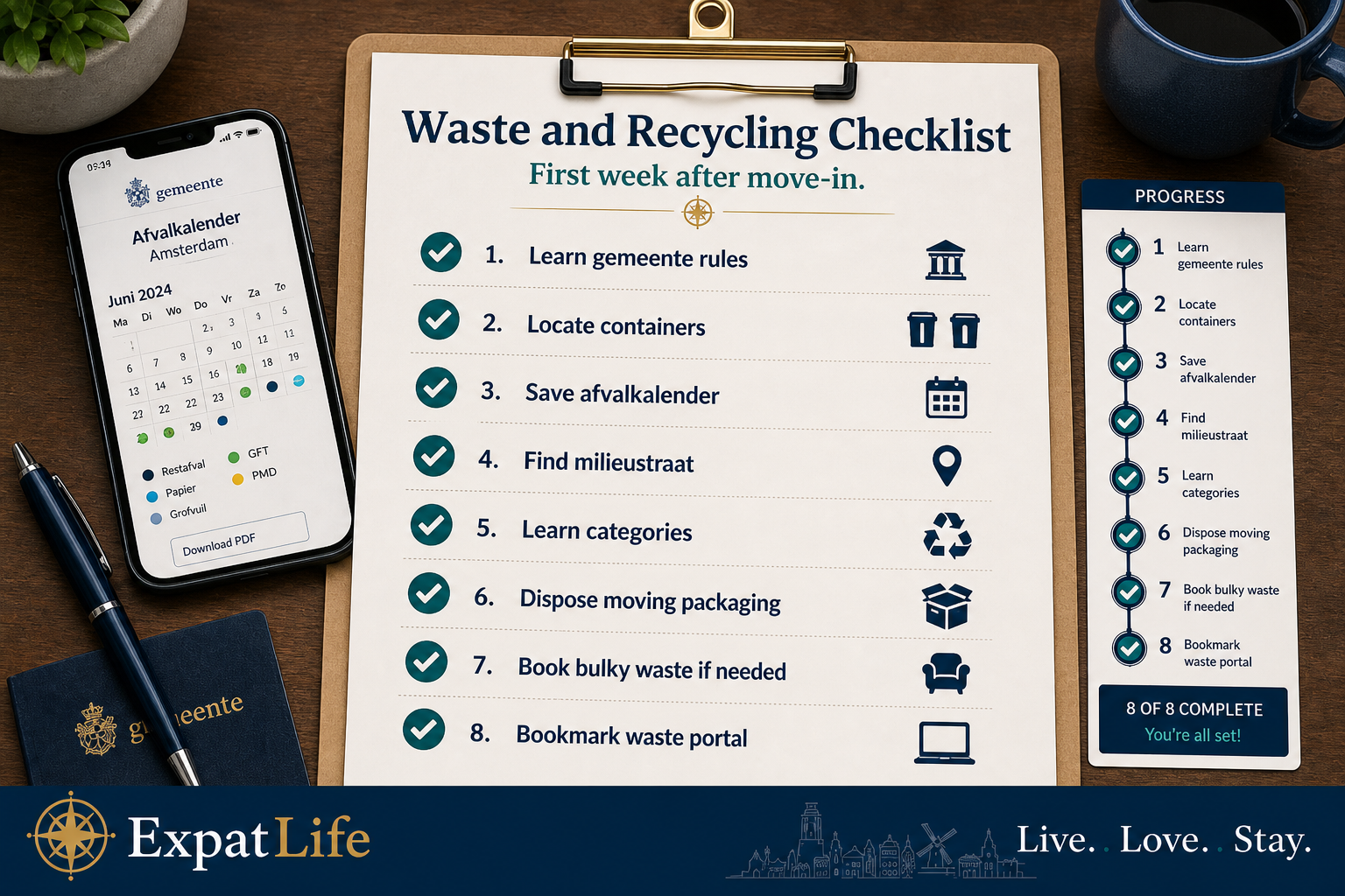 Premium infographic checklist for waste and recycling after moving to the Netherlands.