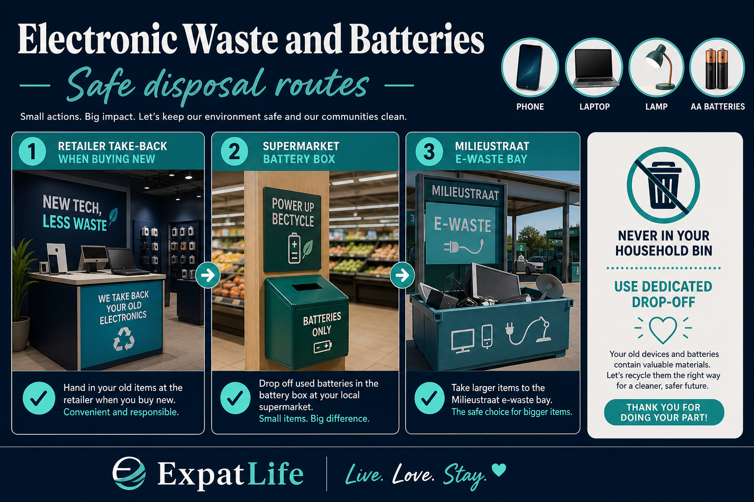 Premium infographic explaining electronic waste and battery disposal in the Netherlands.