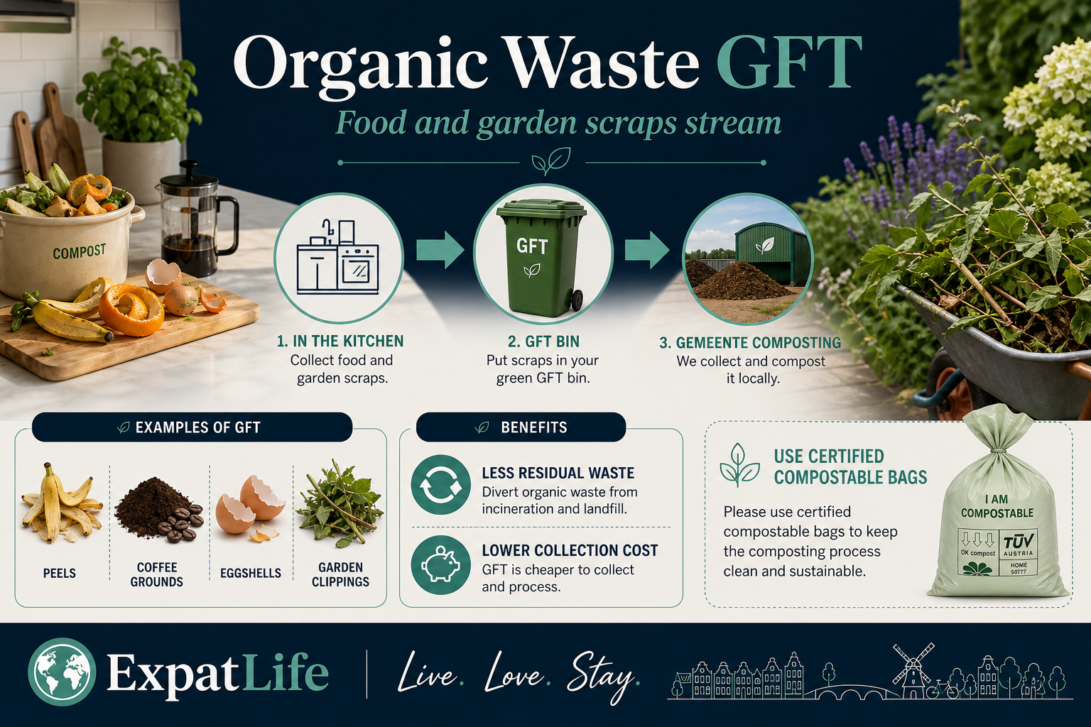 Premium infographic explaining organic GFT waste collection in the Netherlands.