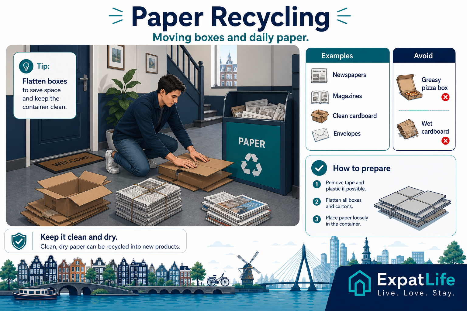 Premium infographic explaining paper and cardboard recycling in the Netherlands.
