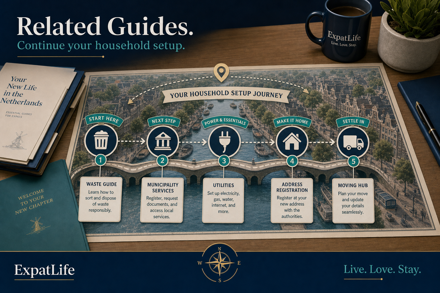 Premium infographic connecting waste guide to municipality, utilities and housing guides.