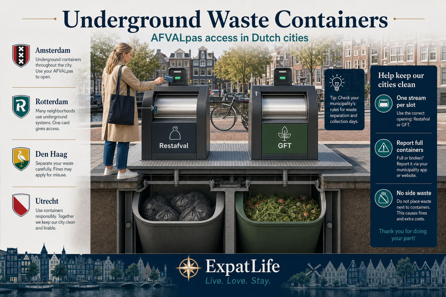 Premium infographic explaining underground waste containers in Dutch cities.