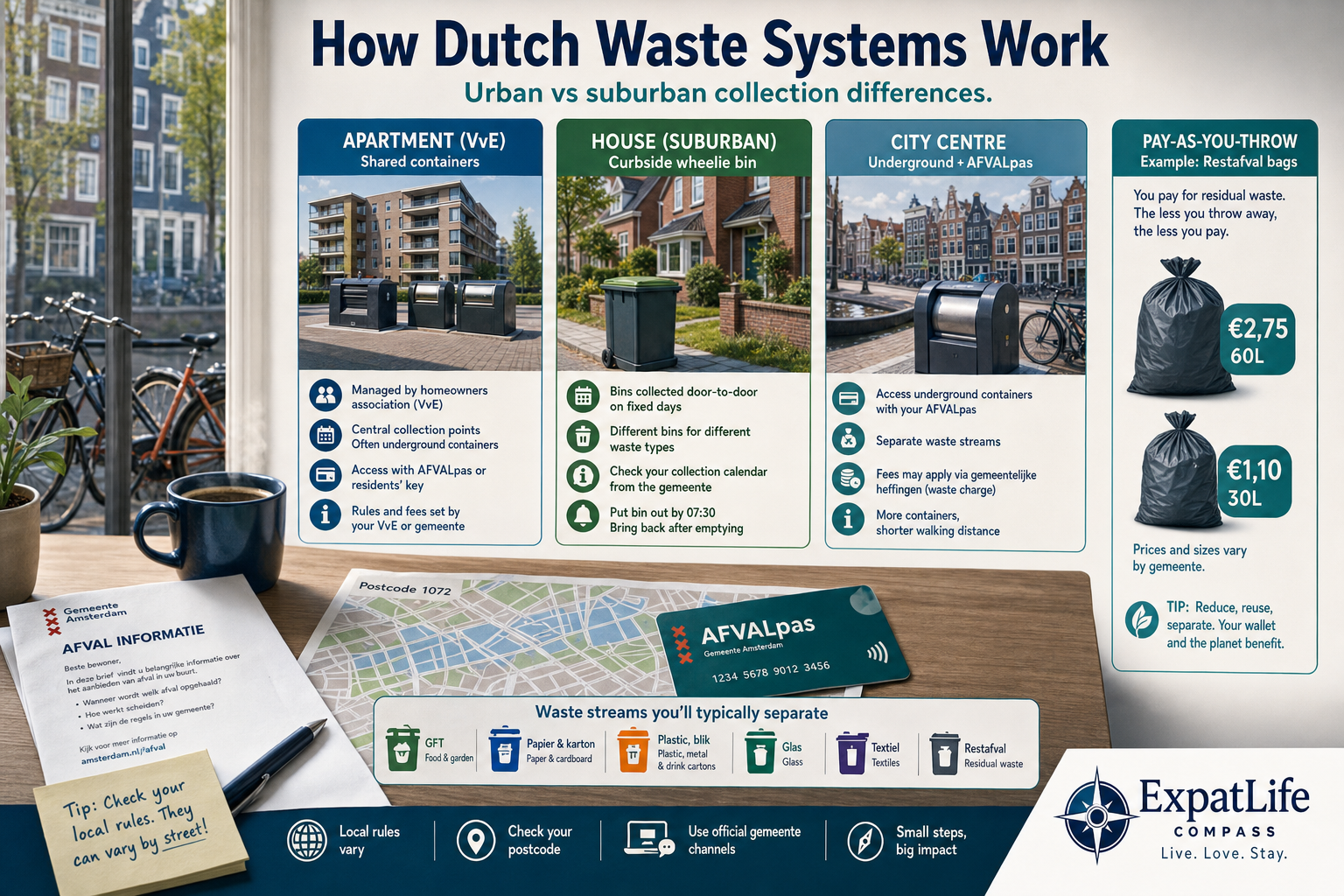 Premium infographic explaining how Dutch waste collection systems work.