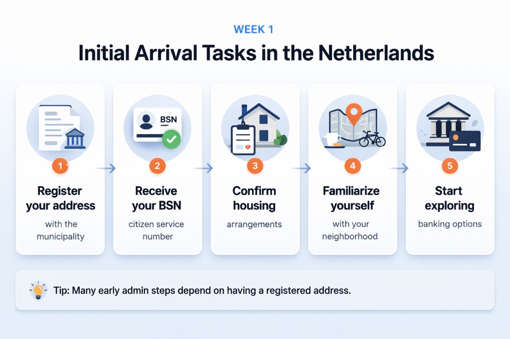 Infographic: five initial arrival tasks for expats in the Netherlands—1. Register address, 2. Receive BSN, 3. Confirm housing, 4. Familiarize with neighborhood, 5. Explore banking options. Tip: early admin steps depend on a registered address.