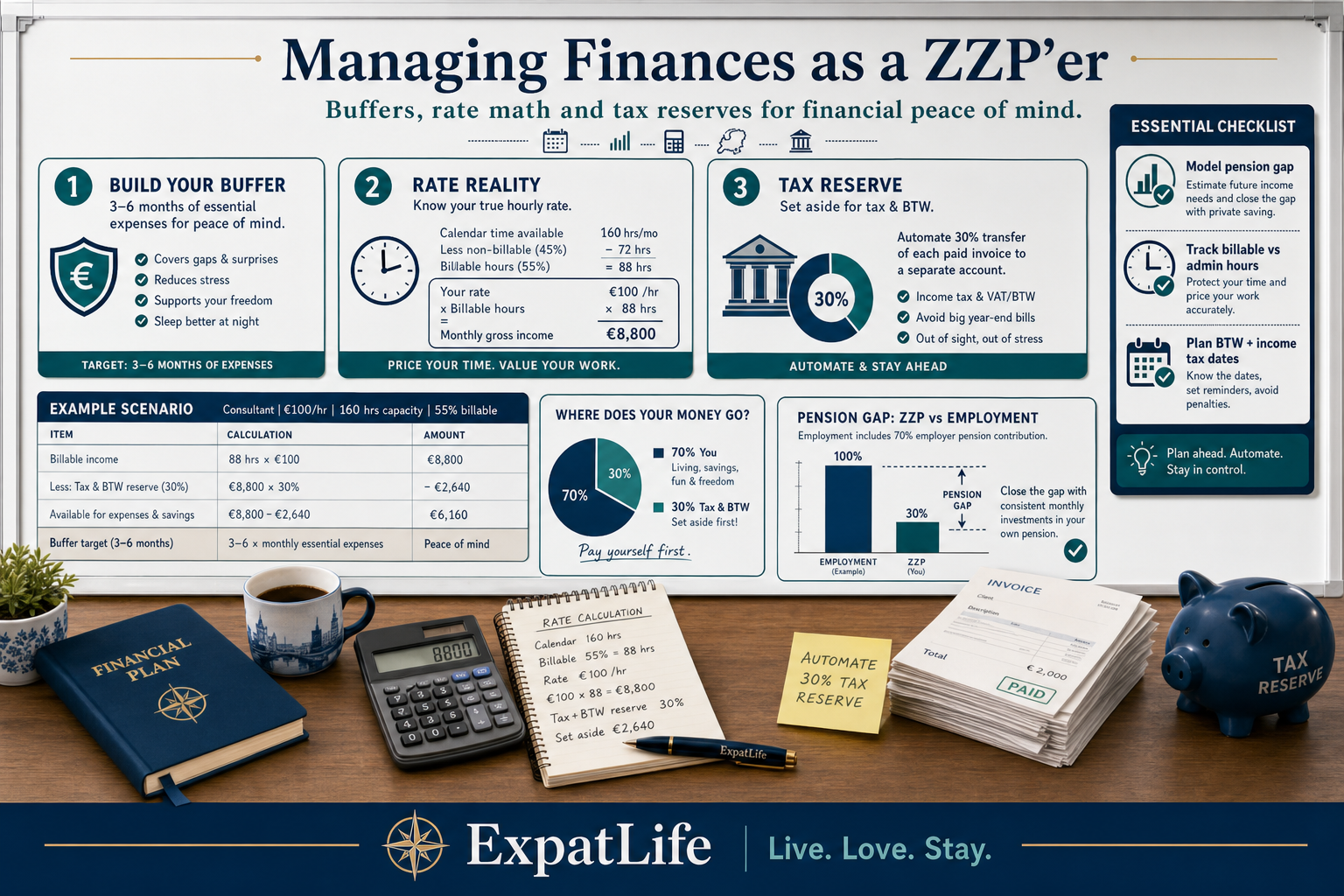 Premium financial planning board on tax reserves, retirement gaps, insurance, emergency funds and business investments for ZZP'ers.