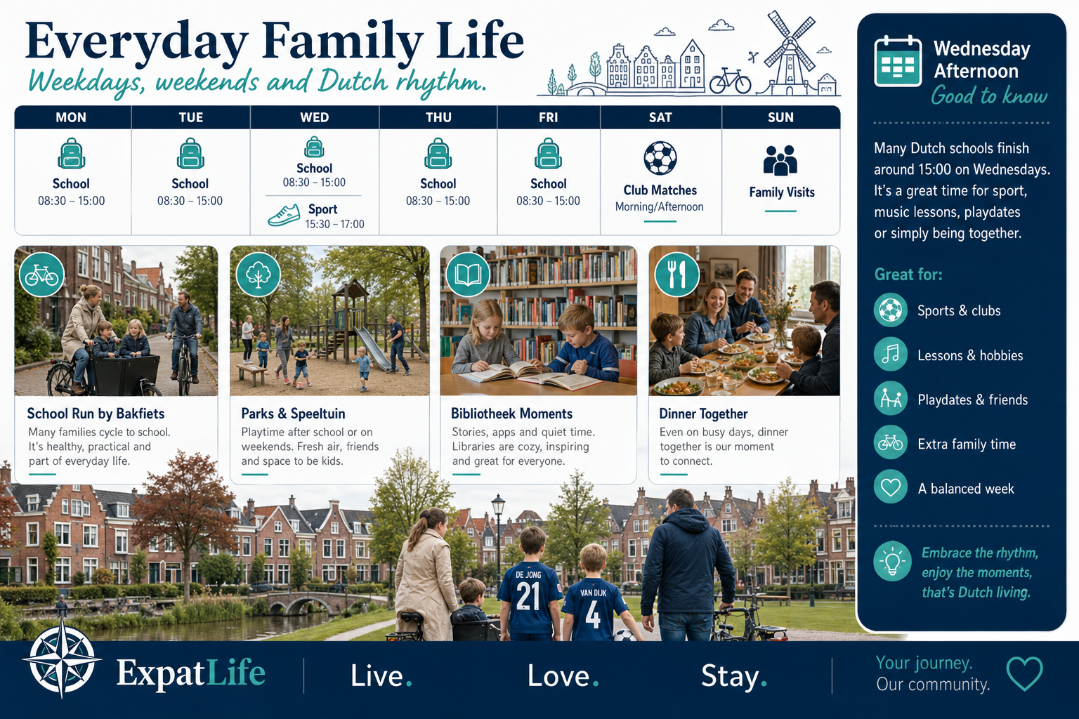 Premium weekly timeline — school 08:30–15:00, Wednesday sport 15:30–17:00, Saturday club matches, Sunday family time — with bakfiets runs and library programmes.