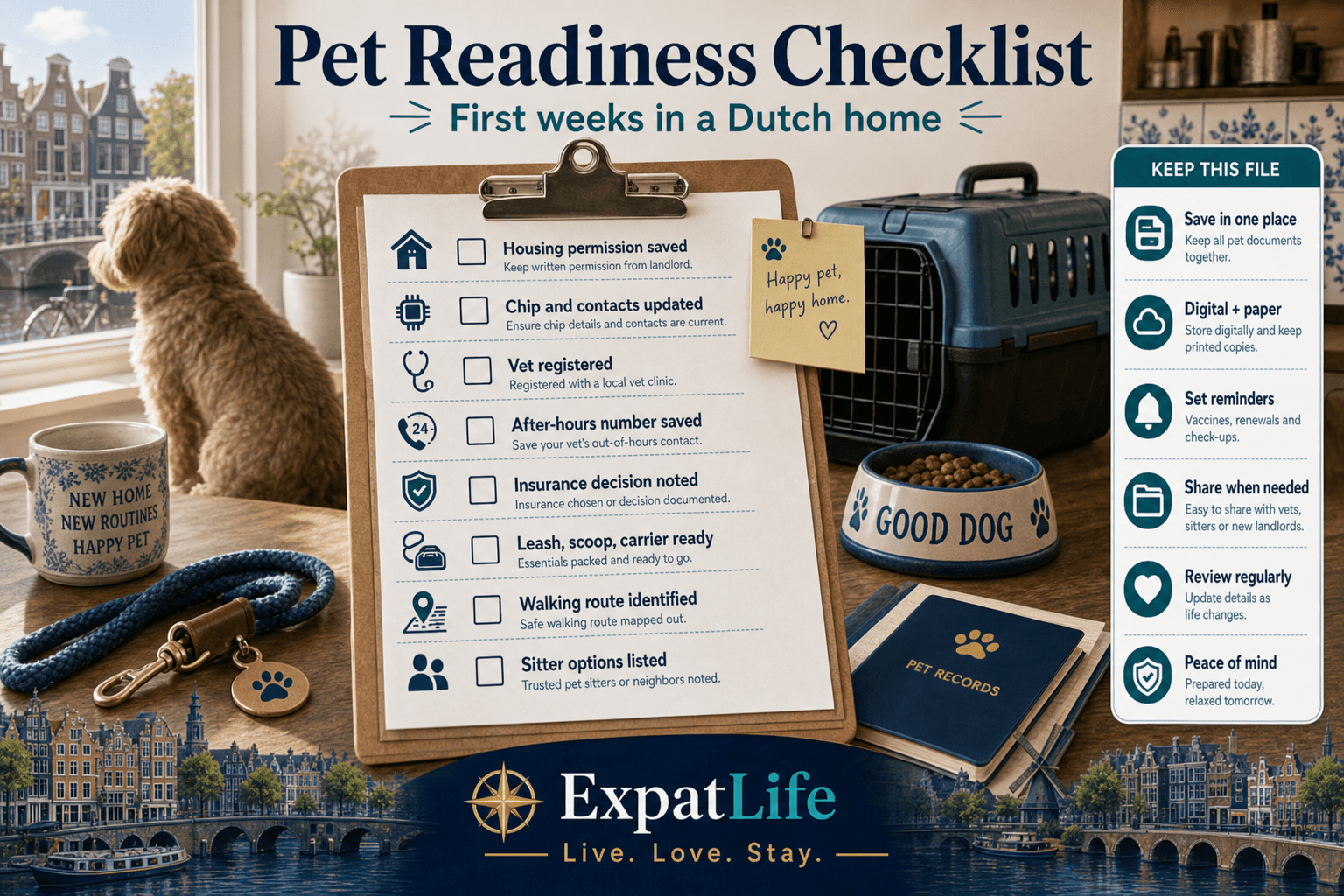 Premium pet readiness checklist clipboard — housing permission written, chip and contacts current, vet registered, emergency number saved, insurance decision noted, leash and scoop kit ready — Dutch kitchen table.