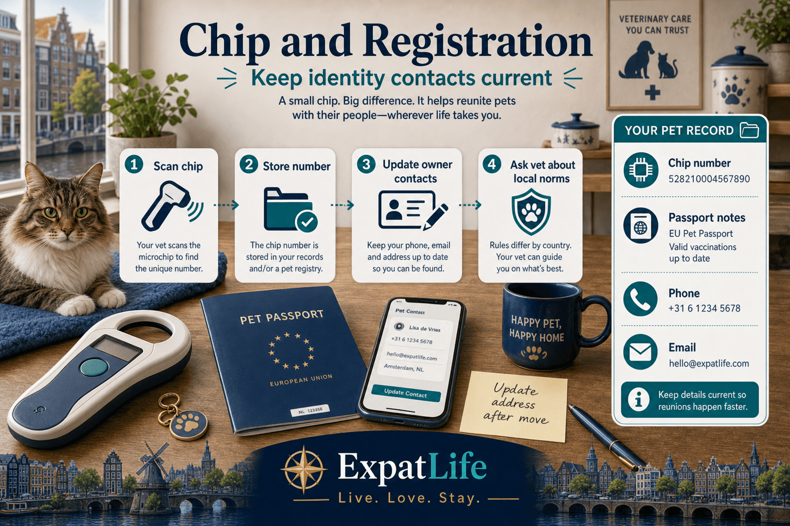 Premium chip and registration board — microchip scan icon, passport or registration card, owner contact details update, and a reminder to keep records after a move — Dutch vet desk props.
