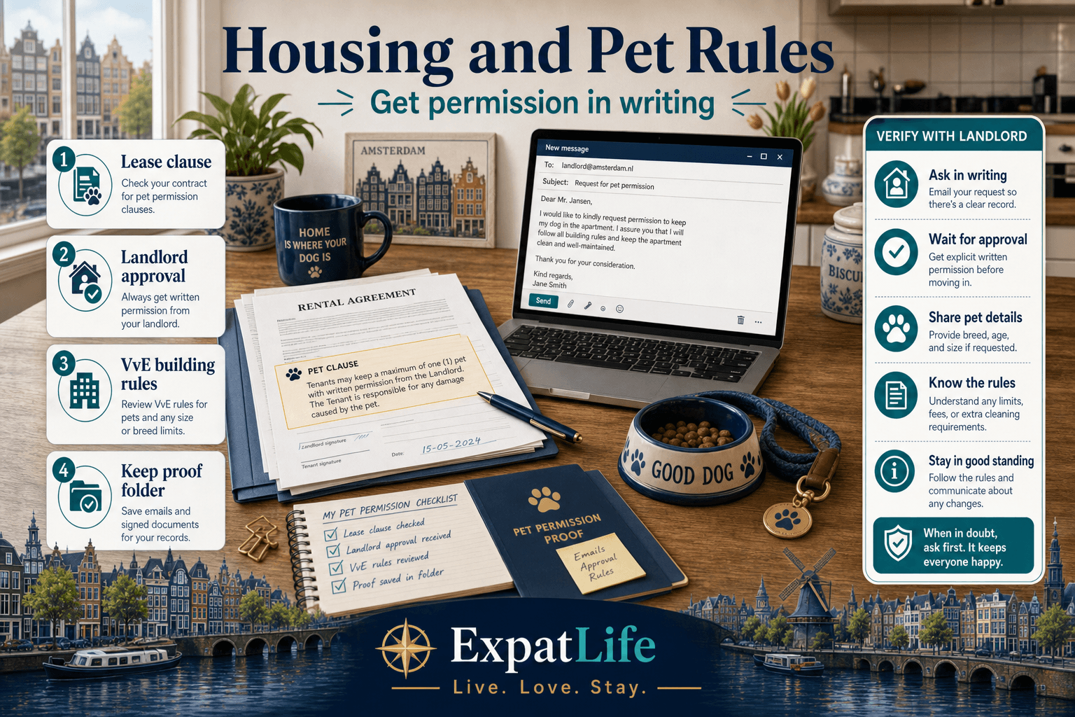Premium rental desk scene — lease pages with pet clause highlight, landlord email checklist, deposit and house-rule notes, dog bowl and cat carrier on a Dutch apartment table — Verify with landlord rail.