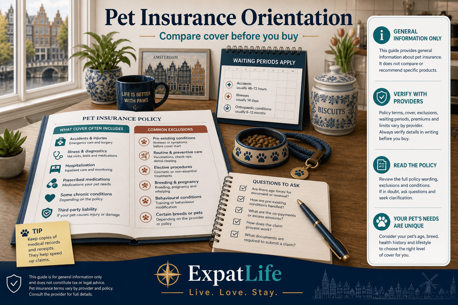 Premium pet insurance orientation board — what policies often cover vs exclude, waiting periods, and questions to ask before you buy — General information only rail, no fake ratings.