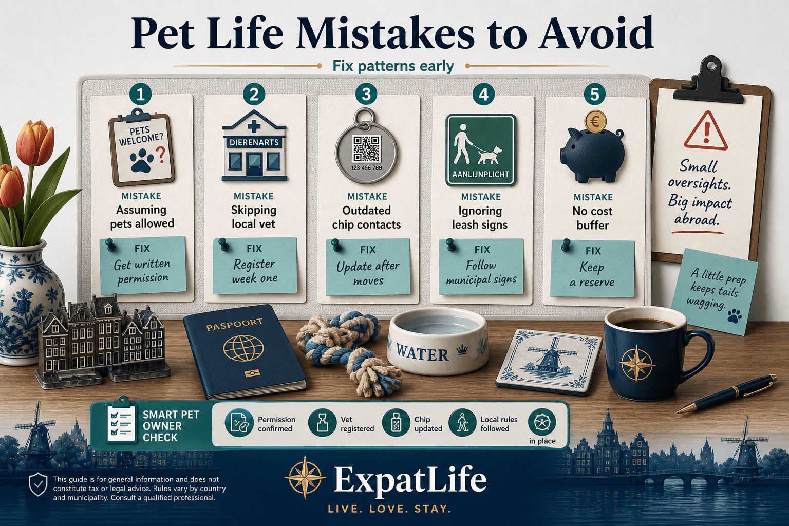 Premium mistake board for pet life — assuming pets are allowed, skipping chip/record updates, no local vet before an emergency, ignoring leash signs, under-budgeting care — Fix notes beside each card.