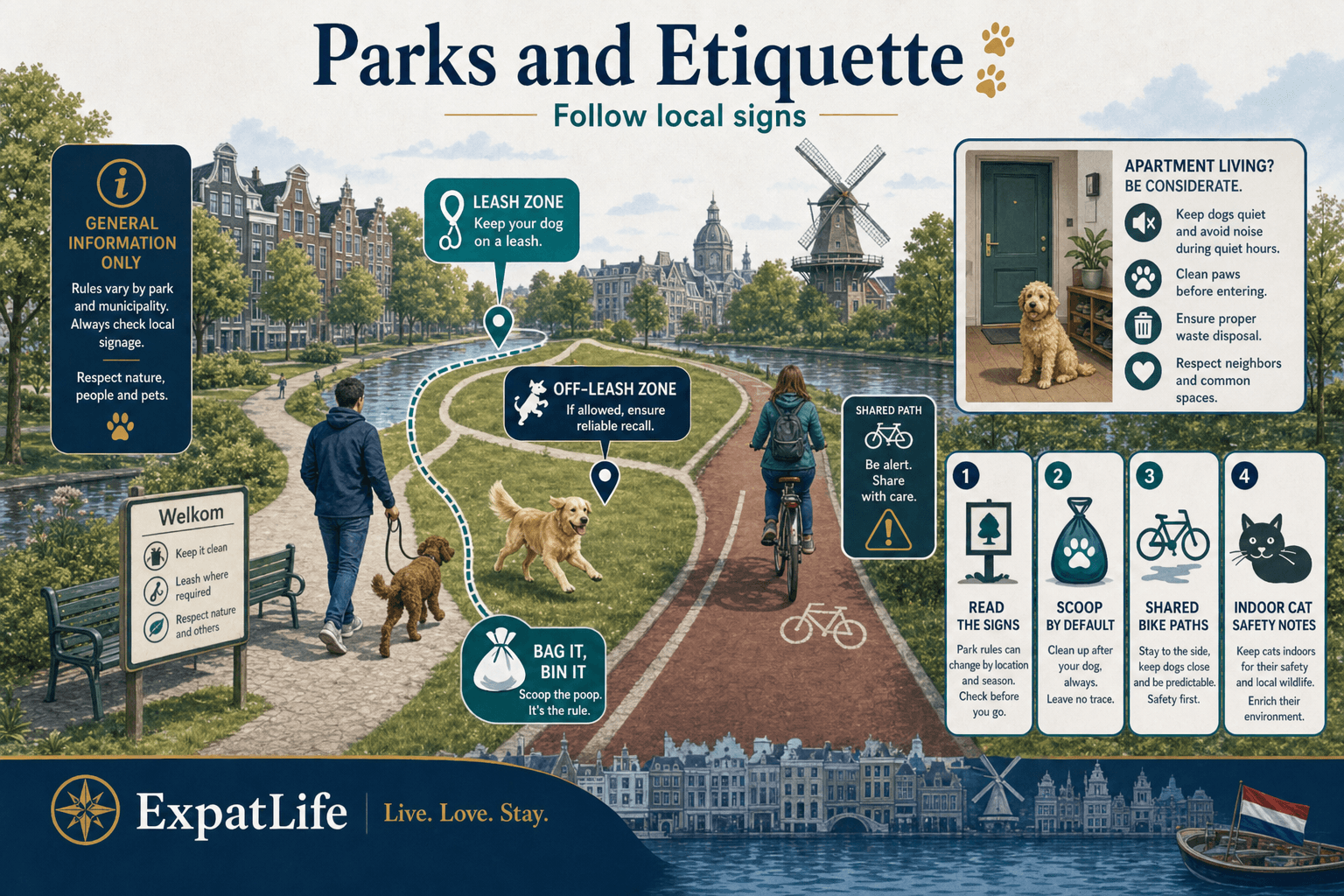 Premium parks and etiquette map — leash zones, off-leash areas when signed, scoop bags, bike-path awareness, and apartment hallway manners — Dutch park path with canal houses.