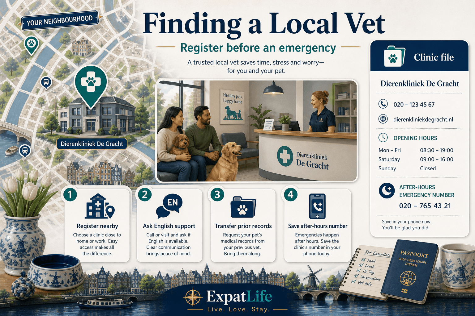 Premium finding-a-vet map board — register with a local practice, ask about English support and emergency hours, transfer prior records, and save after-hours contact — calm Dutch clinic waiting scene.