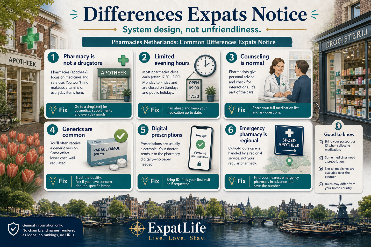 Premium surprise cards for expats about Dutch pharmacies — pharmacies differ from drugstores, limited opening hours, counseling is normal, many OTC products sit in drugstores too, and emergency pharmacy is regional not 24/7 at every shop.