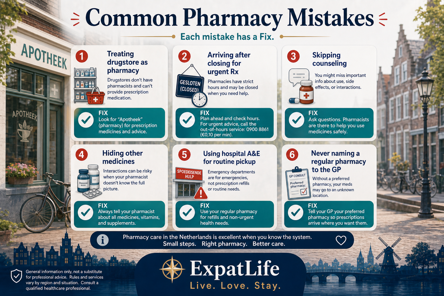 Premium mistake board with Fix advice cards — assuming every drugstore is a pharmacy, arriving after closing for urgent Rx, skipping counseling, mixing medicines without asking, and using hospital A&E for routine medicine pickup.