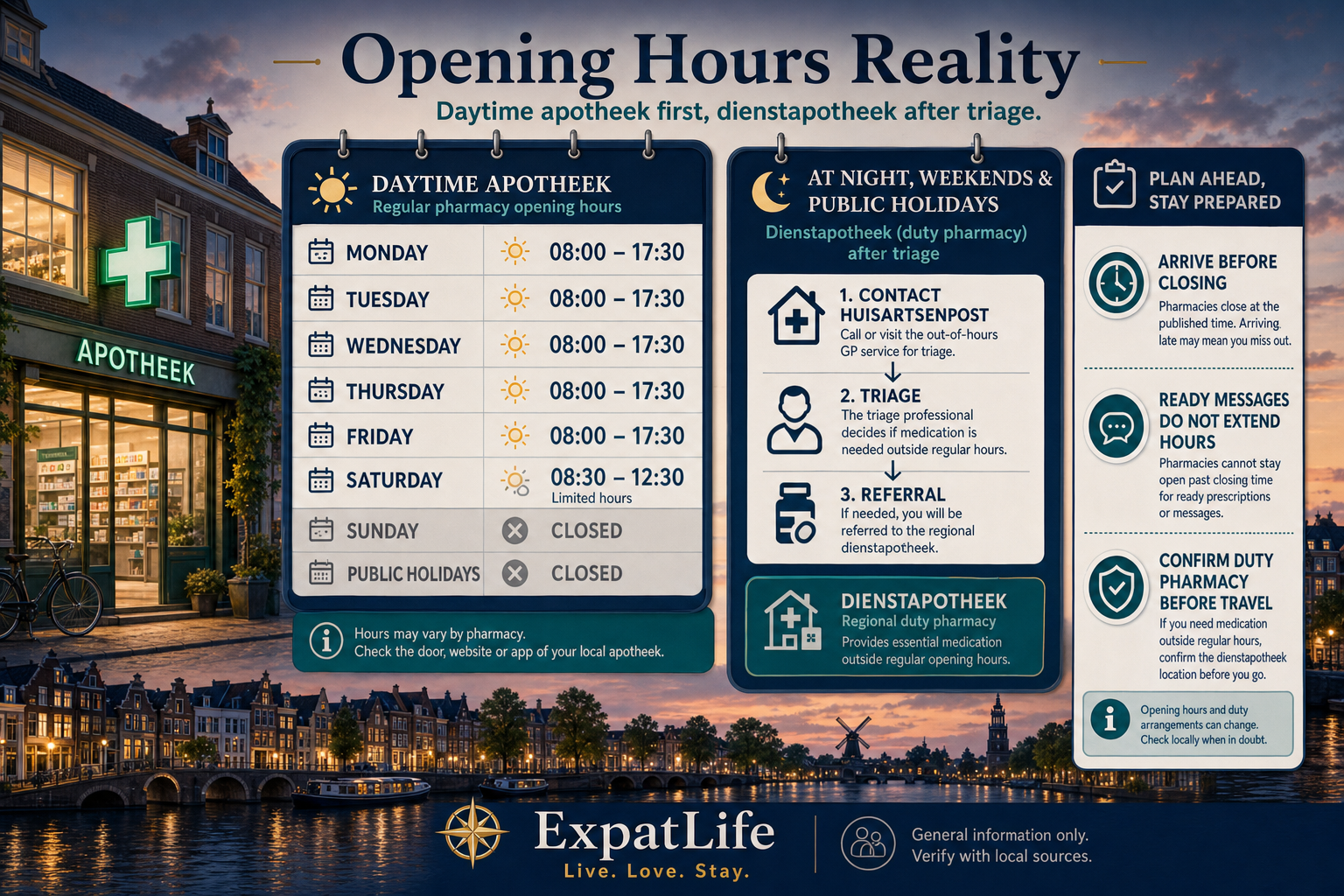 Premium opening-hours board — weekday daytime apotheek, Saturday morning patterns, closed evenings and Sundays for many practices, and a clear dienstapotheek card for urgent out-of-hours medicines after triage guidance.