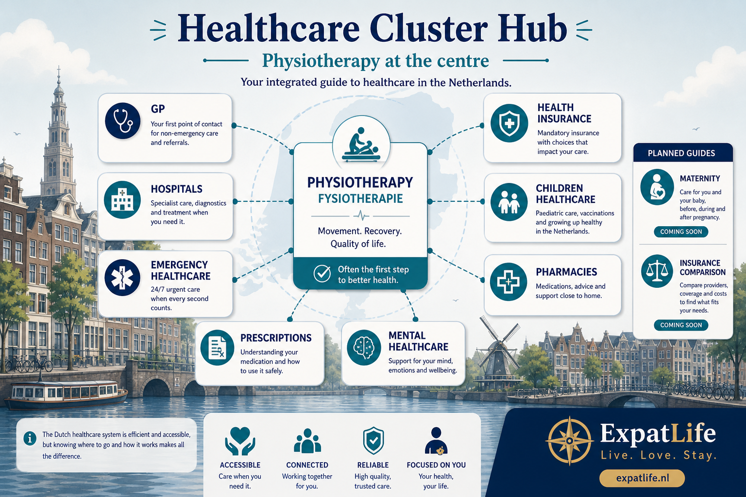 Premium healthcare cluster ecosystem diagram with Physiotherapy at the centre, connected to GP, hospitals, emergency healthcare, health insurance, children's healthcare, pharmacies, prescriptions and mental healthcare.