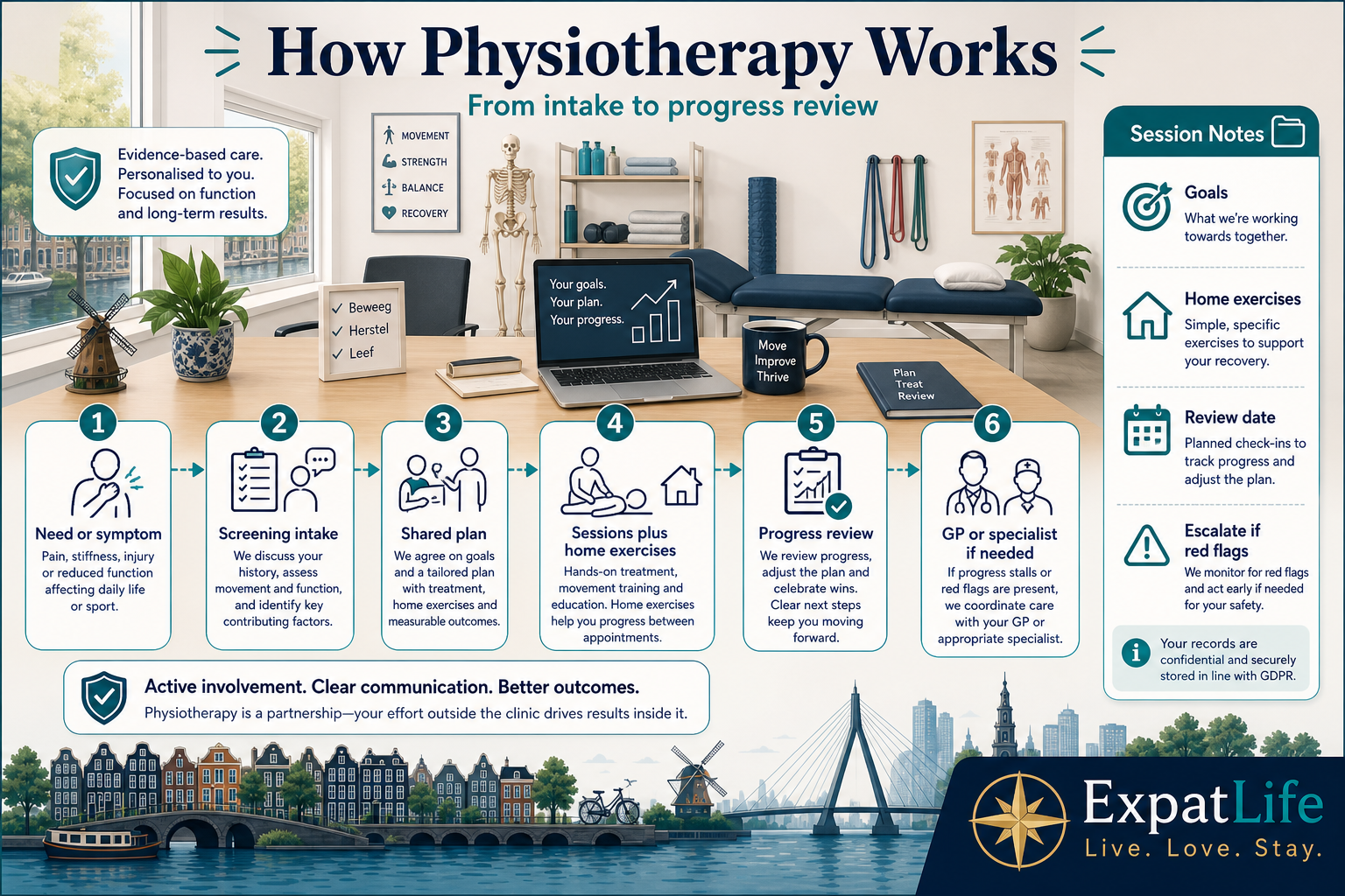 Premium physiotherapy pathway flow — symptom or recovery need, screening intake, treatment plan and exercises, progress review, and GP or specialist coordination when needed — calm Dutch practice backdrop with a record rail.
