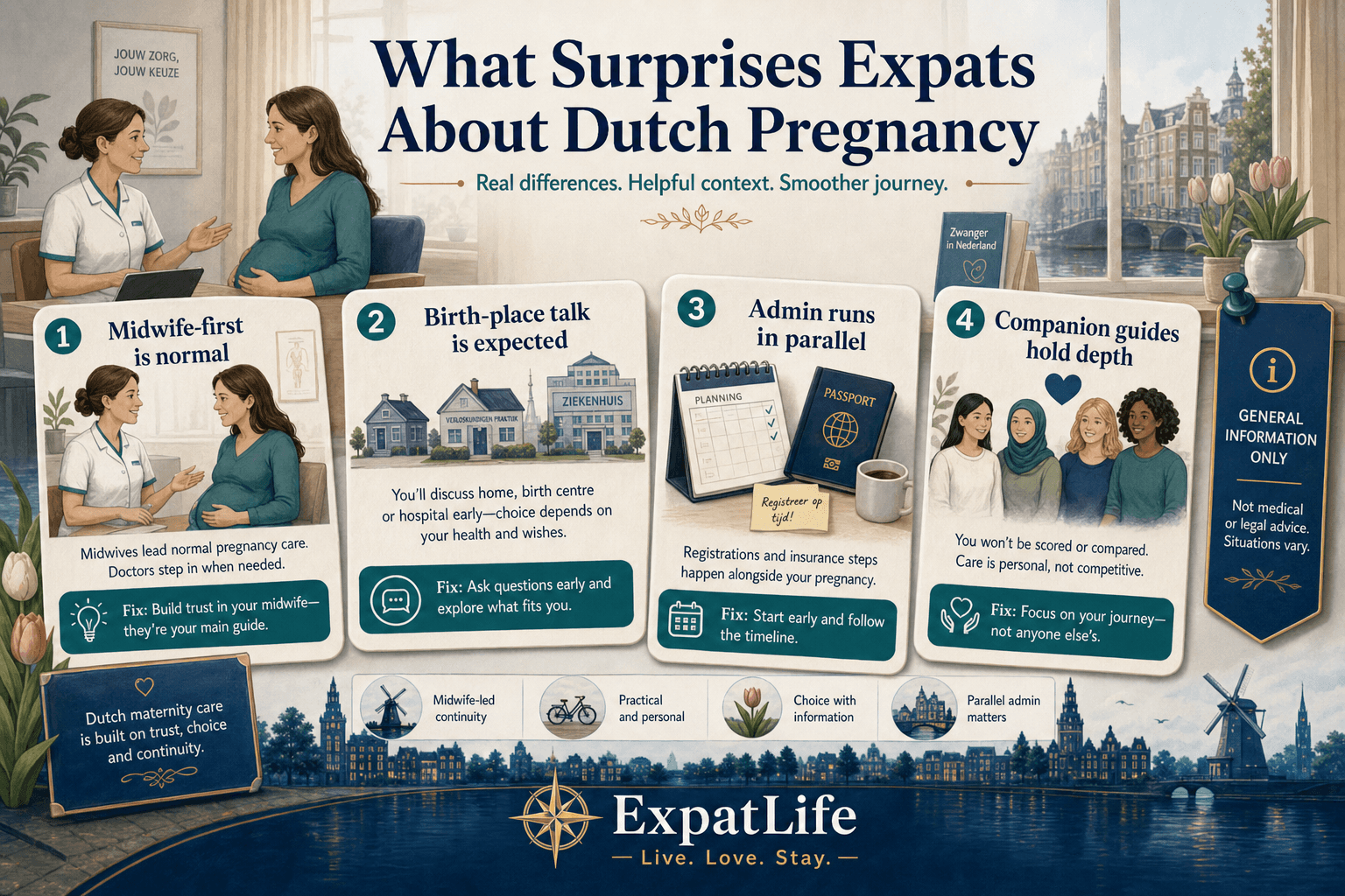 Premium surprise cards for expats about Dutch pregnancy — midwife-first system, birth-place talk is normal, hospital is not automatic, BSN and insurance matter early, and maternity care depth lives on a sibling guide — ExpatLife brand footer with compass and Live. Love. Stay.