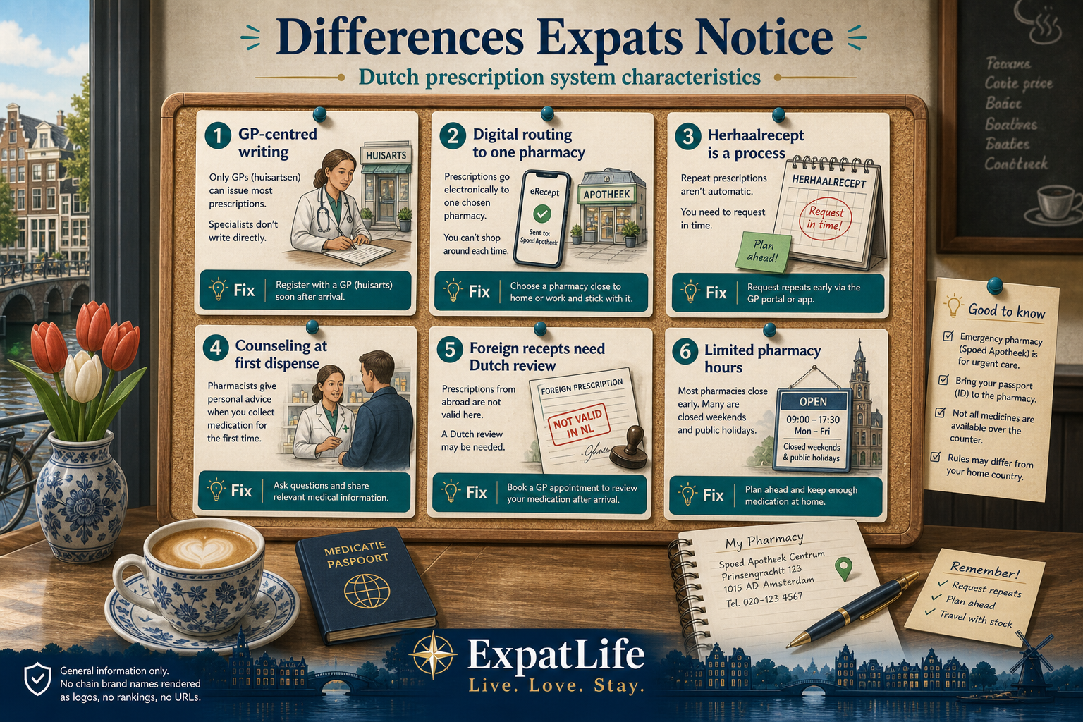 Premium surprise cards for expats about Dutch prescriptions — GP-centred writing, digital routing to one pharmacy, herhaalrecept processes, counseling at first dispense, and limited walk-in specialist prescribing.