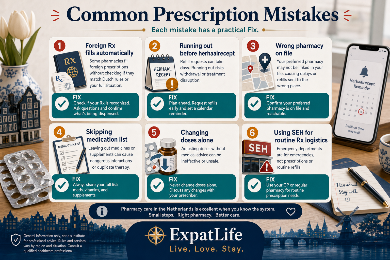 Premium mistake board with Fix advice cards — assuming foreign Rx fills here, running out before requesting herhaalrecept, wrong pharmacy on file, skipping the medication list, and changing doses without clinical review.