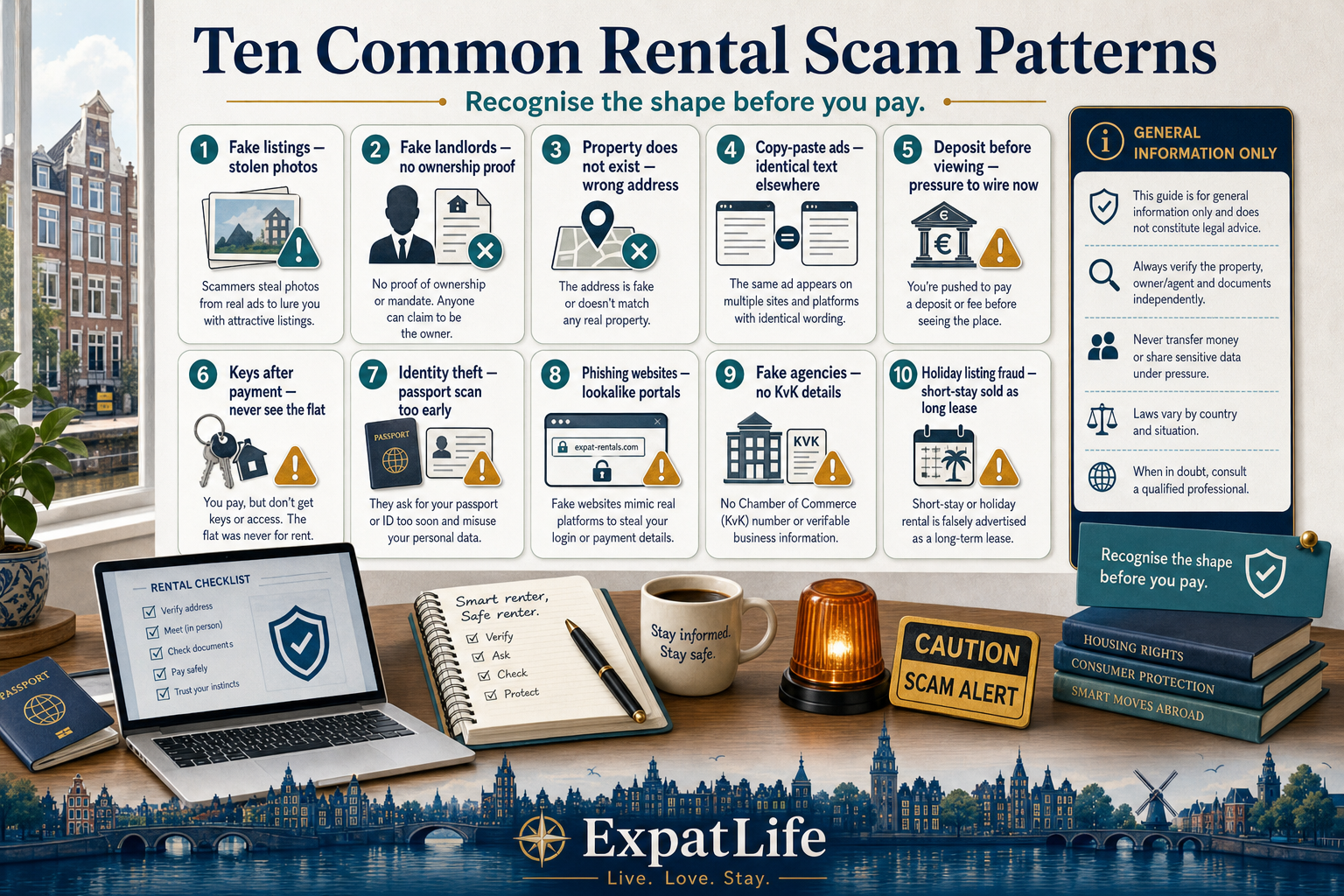 Premium scam pattern board — ten labelled cards covering fake listings, fake landlords, non-existent properties, copied adverts, deposit-before-viewing demands, keys-after-payment promises, identity theft, phishing sites, fake agencies and holiday-listing fraud.