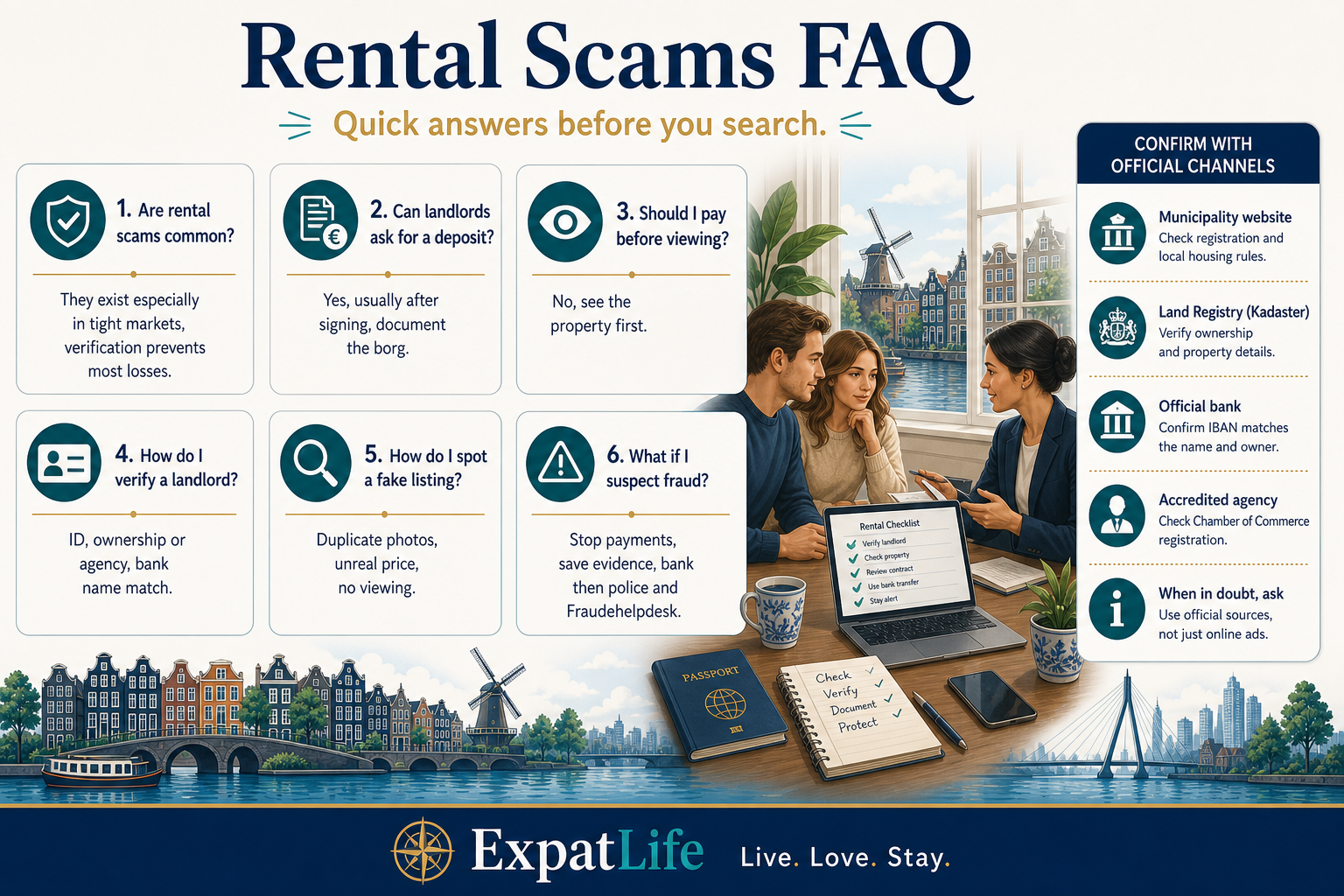 Premium FAQ board answering how to spot a scam listing, whether to pay before viewing, how to verify a landlord, what to do after fraud, and whether agencies are safe.