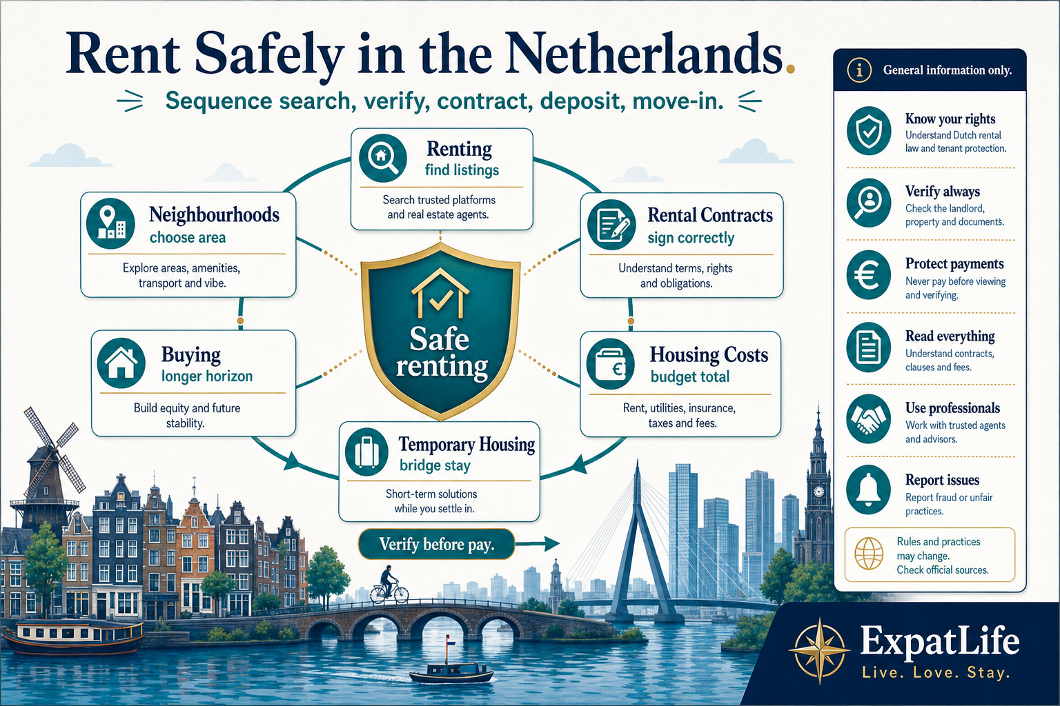 Premium housing hub grid showing the safe-renting path from budget and search through verification, contract signing, deposit protection and move-in registration.