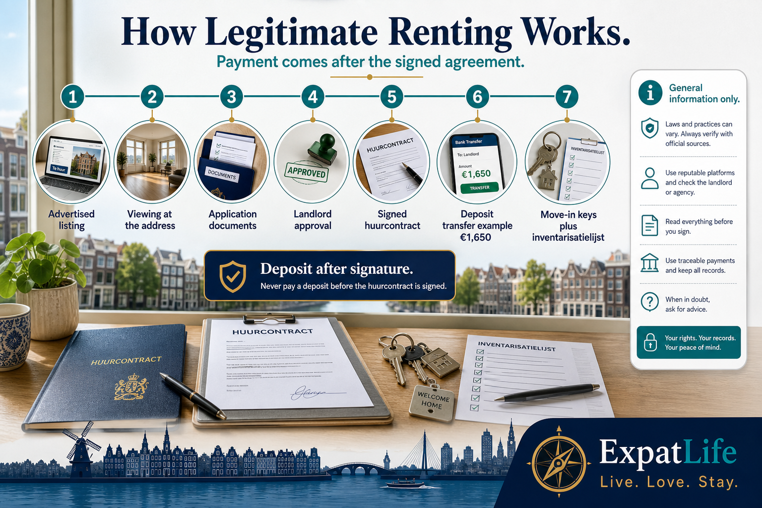 Premium seven-step rental timeline — property advertised, viewing, application with documents, landlord approval, signed rental agreement, deposit payment and move-in with keys and inventory list.