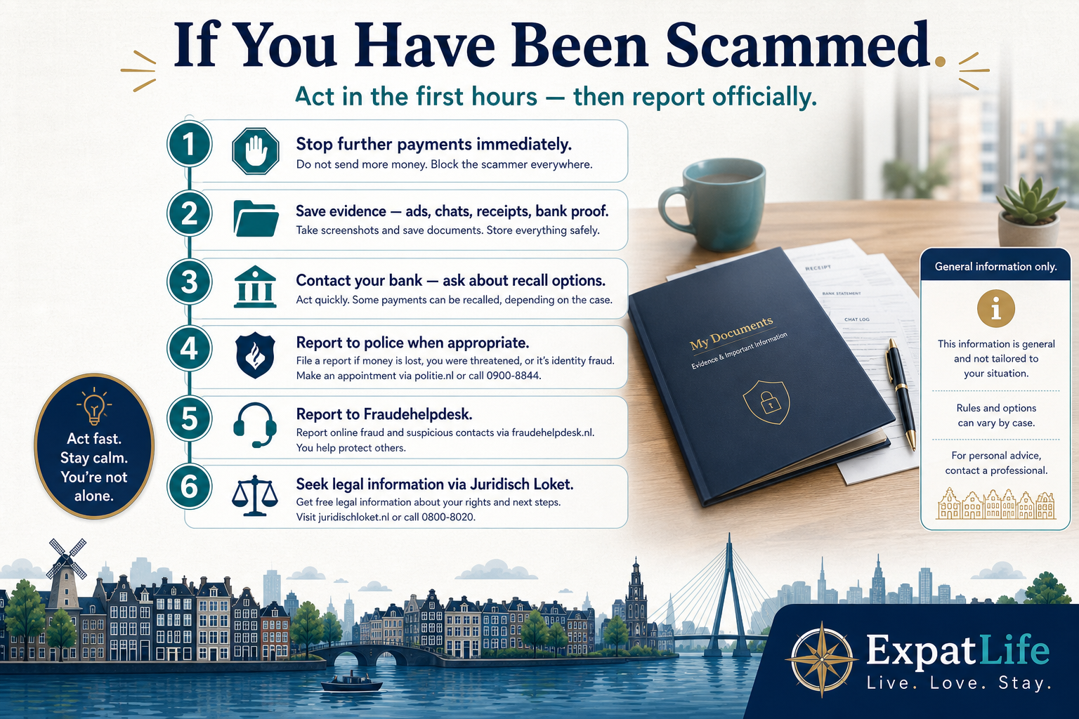 Premium response timeline — stop further payments, save all evidence, contact your bank, report to the police, notify Fraudehelpdesk and seek legal information from Juridisch Loket.