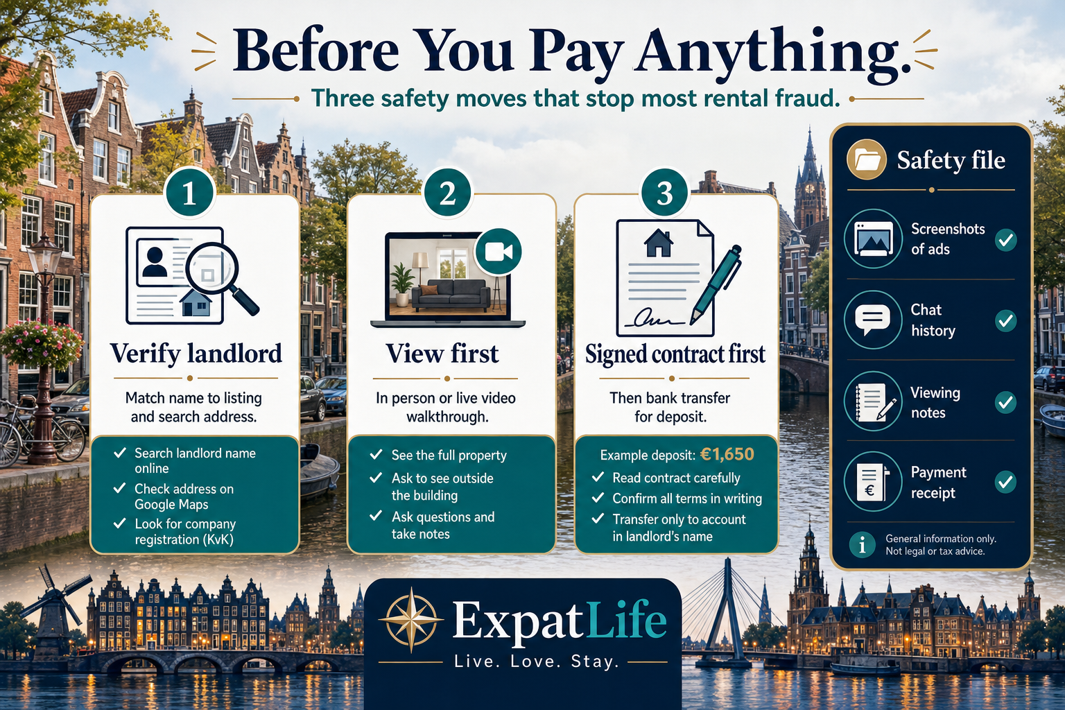 Premium orientation board — three safety moves before any rental payment: verify the landlord and listing, insist on a viewing or verified video walkthrough, and pay only against a signed contract, with a Dutch canal street scene in the background.