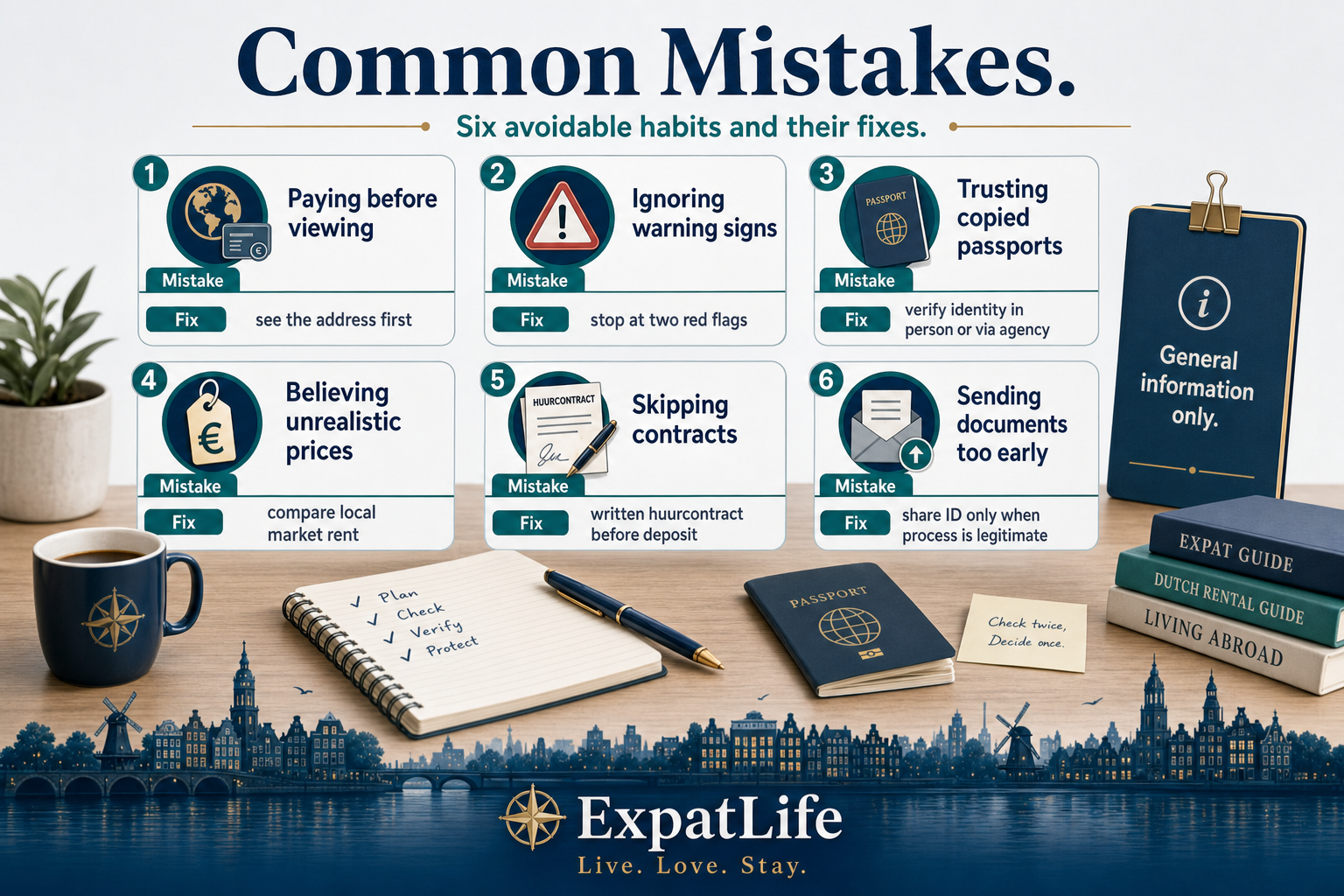 Premium mistake board — paying before viewing, trusting emotional stories, transferring to personal accounts, sending passport scans early, skipping the written contract and staying silent after being scammed, each paired with a practical fix.