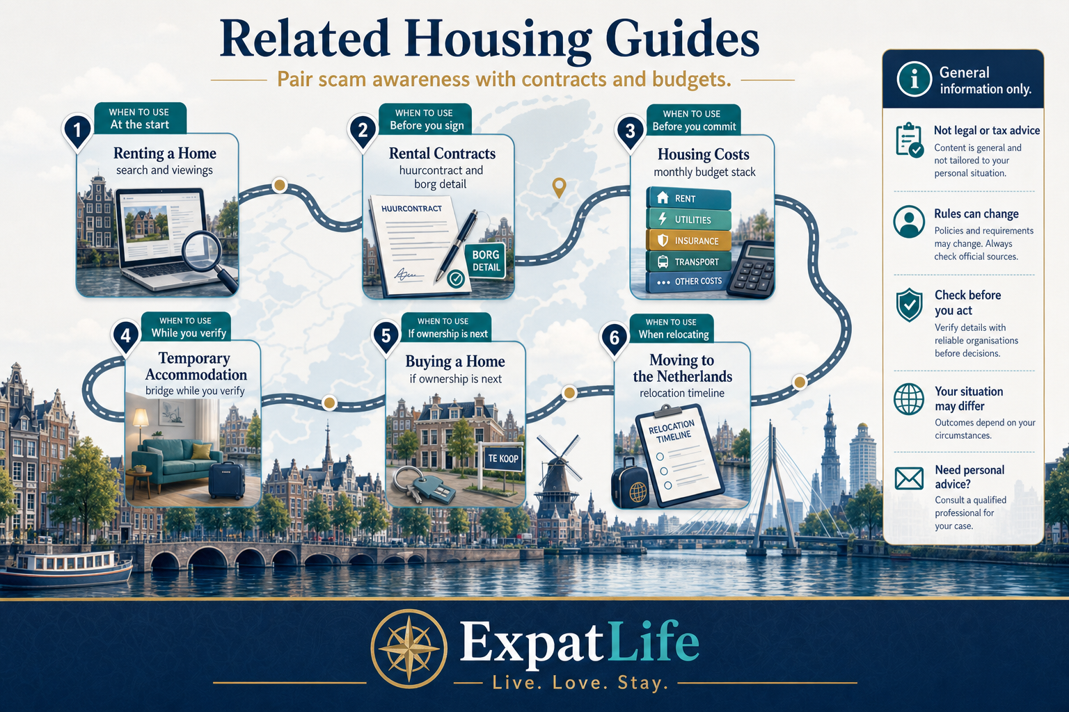 Premium related-guide route map linking rental contracts and deposits, renting, housing costs, temporary accommodation, neighbourhoods, buying and the moving hub.