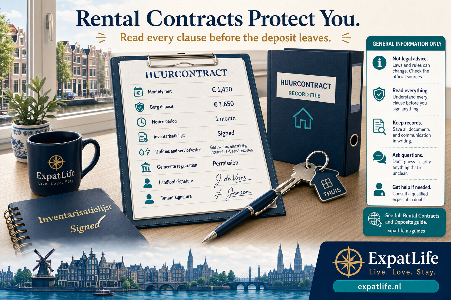 Premium contract safety panel — huurcontract essentials, borg deposit terms, inventarisatielijst, notice period and gemeente registration permission, linked to the full rental contracts and deposits guide.