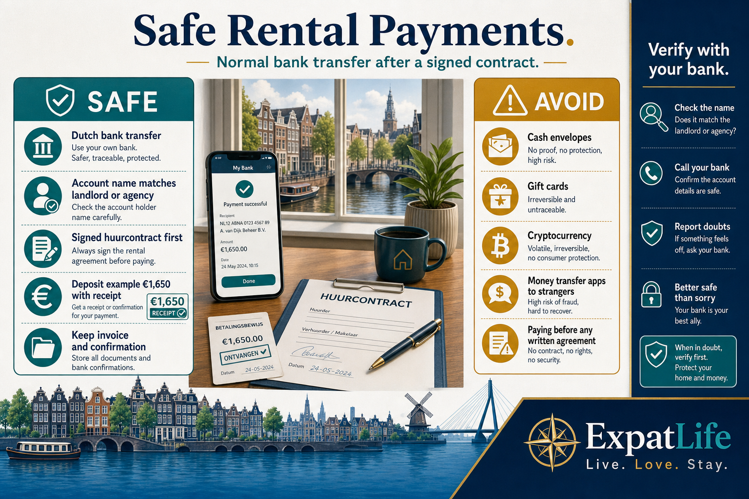 Premium payment safety board — Dutch bank transfer with matching account name, signed contract before deposit, receipts and payment confirmations, contrasted with high-risk requests for gift cards, crypto, cash couriers and money transfer services.