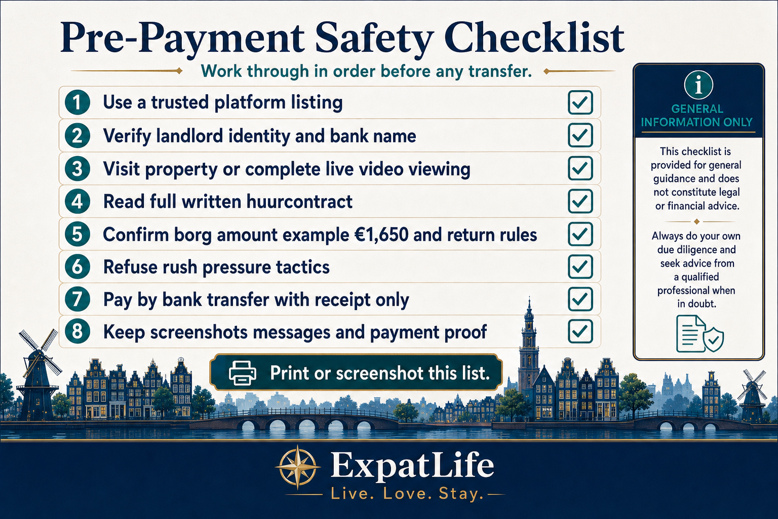 Premium pre-payment safety checklist board covering listing verification, identity checks, viewing confirmation, contract review, payment method, documentation and reporting routes.