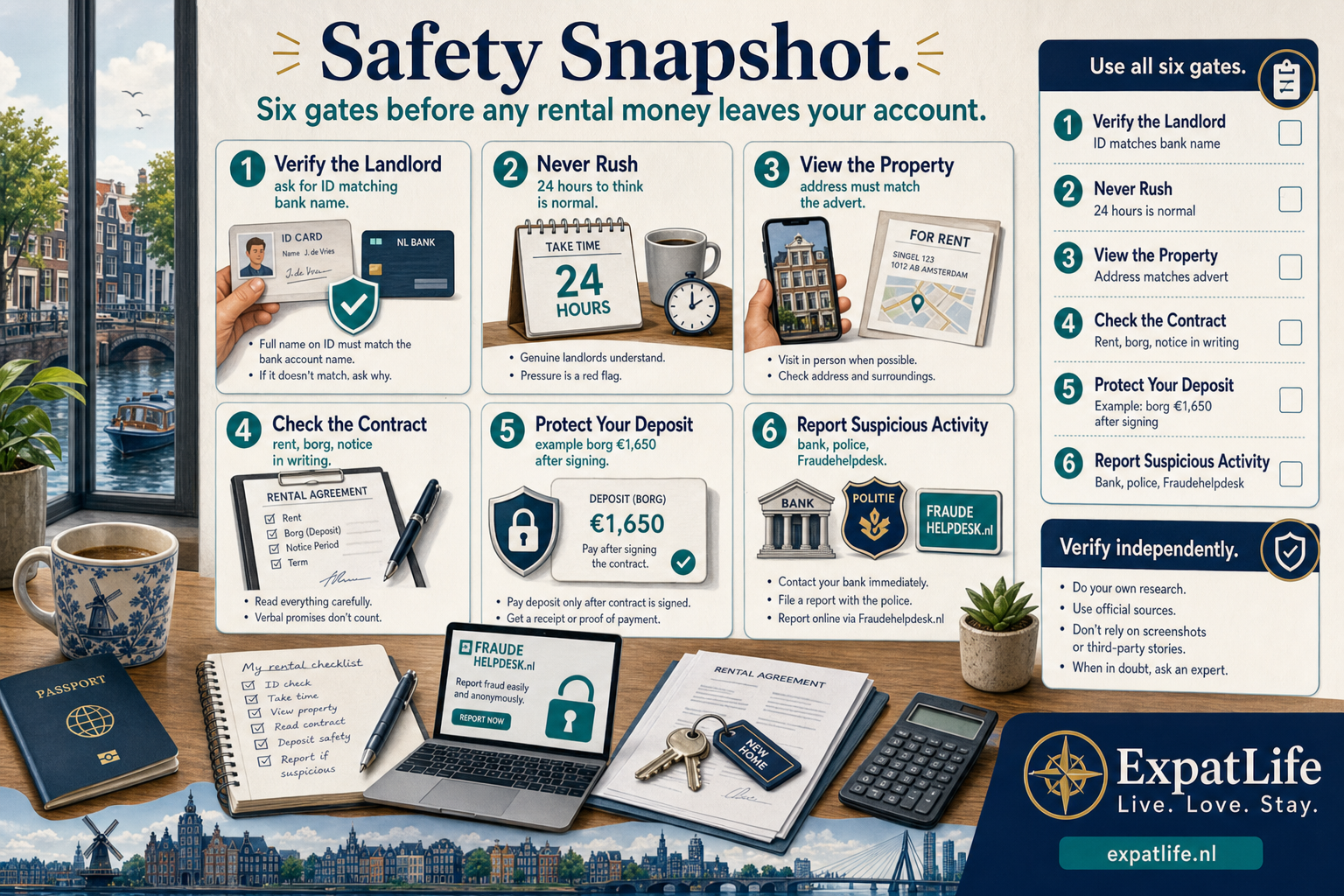 Premium six-card safety snapshot — Verify the Landlord, Never Rush, View the Property, Check the Contract, Protect Your Deposit and Report Suspicious Activity with concrete practical notes for expats.