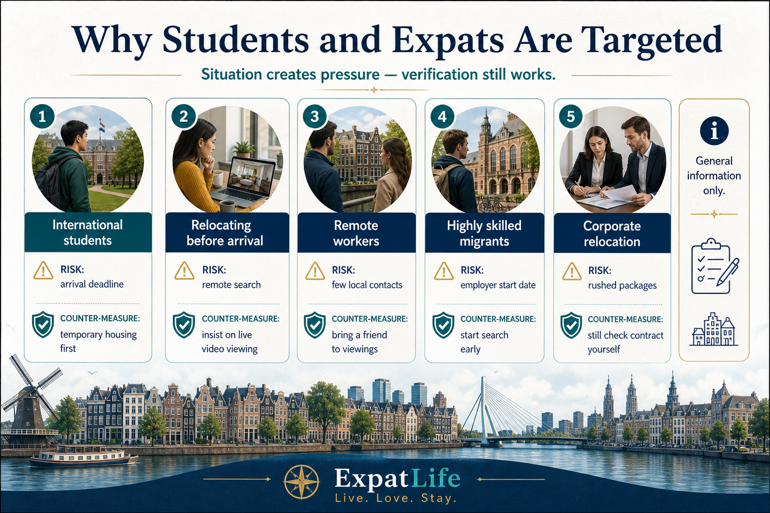Premium risk-profile board explaining why international students and newly arriving expats are targeted — remote searching, deadline pressure, unfamiliar market norms and language gaps, with practical counter-measures.